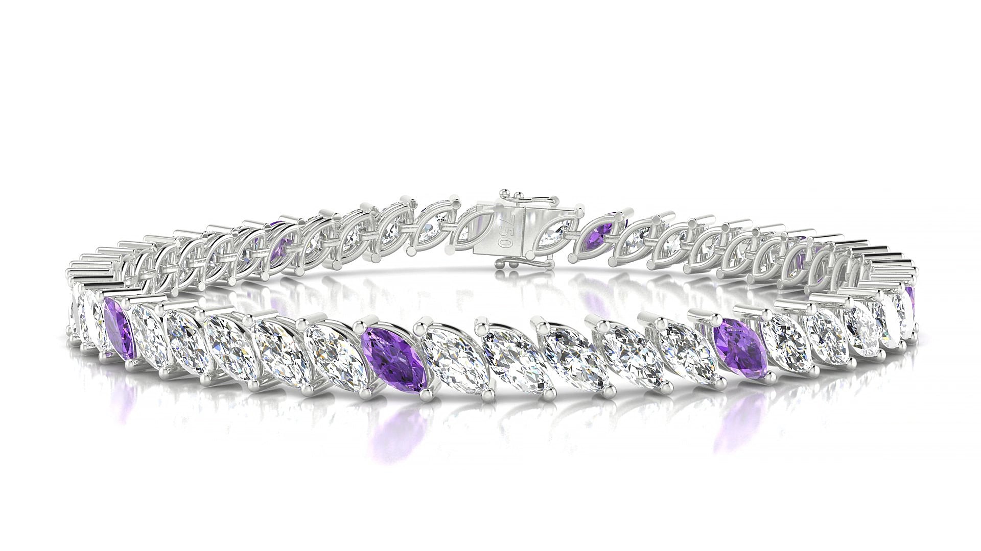 Venezia 1-5 | 18k White Gold 6 x 3 mm Marquise Natural Amethyst & Diamond 17 cm Tennis Bracelet