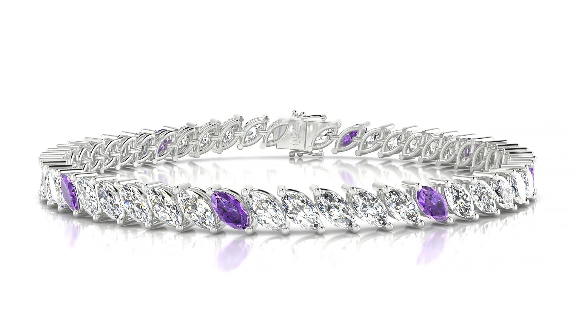 Venezia 1-5 | 18k White Gold 6 x 3 mm Marquise Natural Amethyst & Diamond Tennis Bracelet
