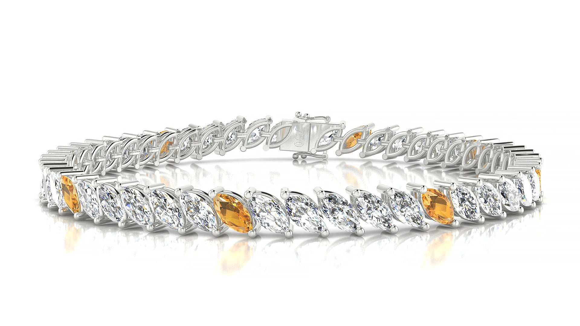Venezia 1-5 | 18k White Gold 6 x 3 mm Marquise Natural Citrine & Diamond 20 cm Tennis Bracelet