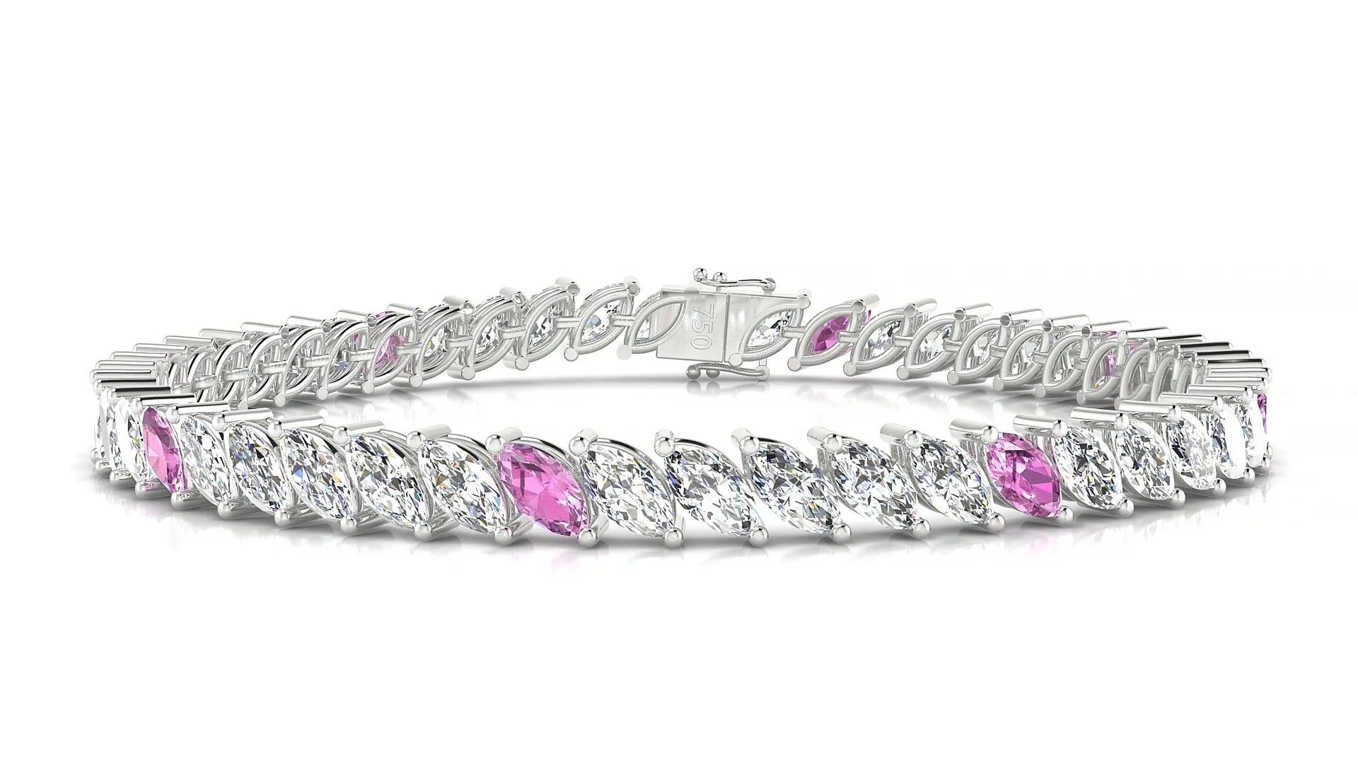 Venezia 1-5 | 18k White Gold 6 x 3 mm Marquise Natural Pink Sapphire & Diamond 18 cm Tennis Bracelet