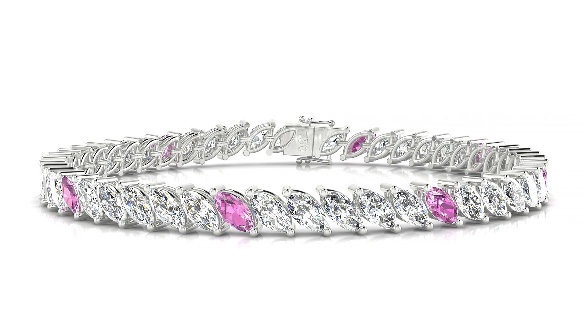 Venezia 1-5 | 18k White Gold 6 x 3 mm Marquise Natural Pink Sapphire & Diamond 20 cm Tennis Bracelet