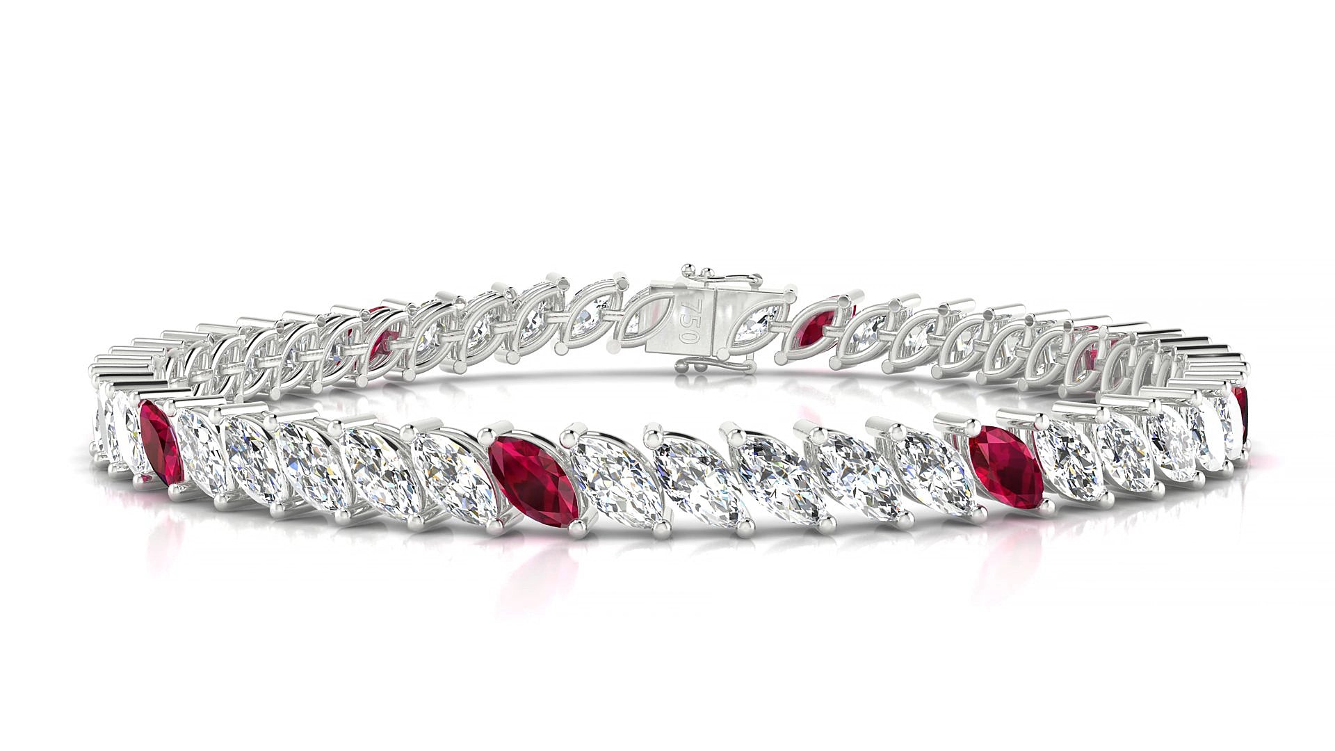 Venezia 1-5 | 18k White Gold 6 x 3 mm Marquise Natural Ruby & Diamond 15 cm Tennis Bracelet
