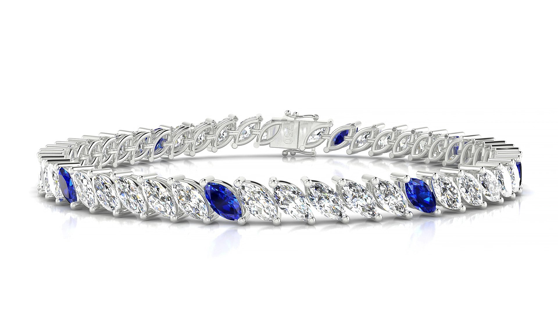 Venezia 1-5 | 18k White Gold 6 x 3 mm Marquise Natural Sapphire & Diamond 17 cm Tennis Bracelet