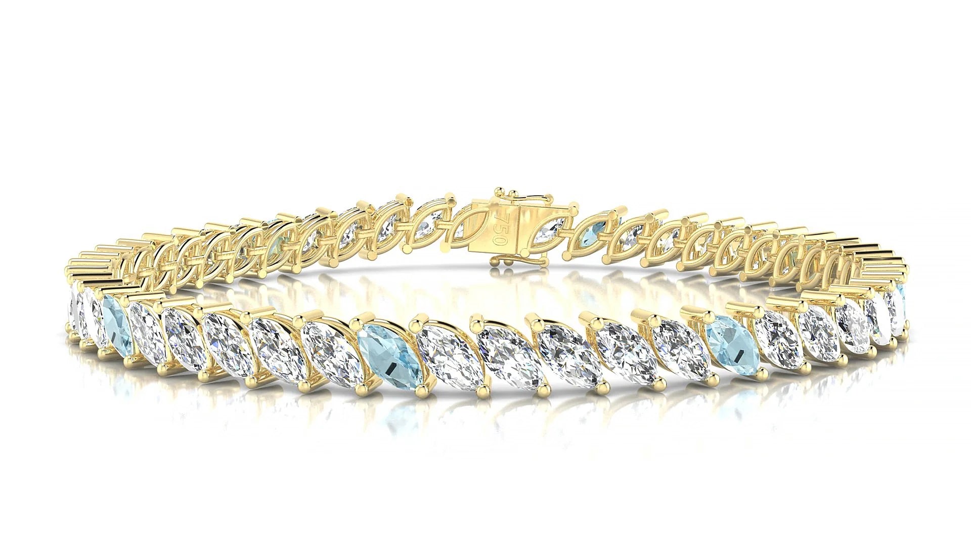Venezia 1-5 | 18k Yellow Gold 6 x 3 mm Marquise Natural Aquamarine & Diamond Tennis Bracelet
