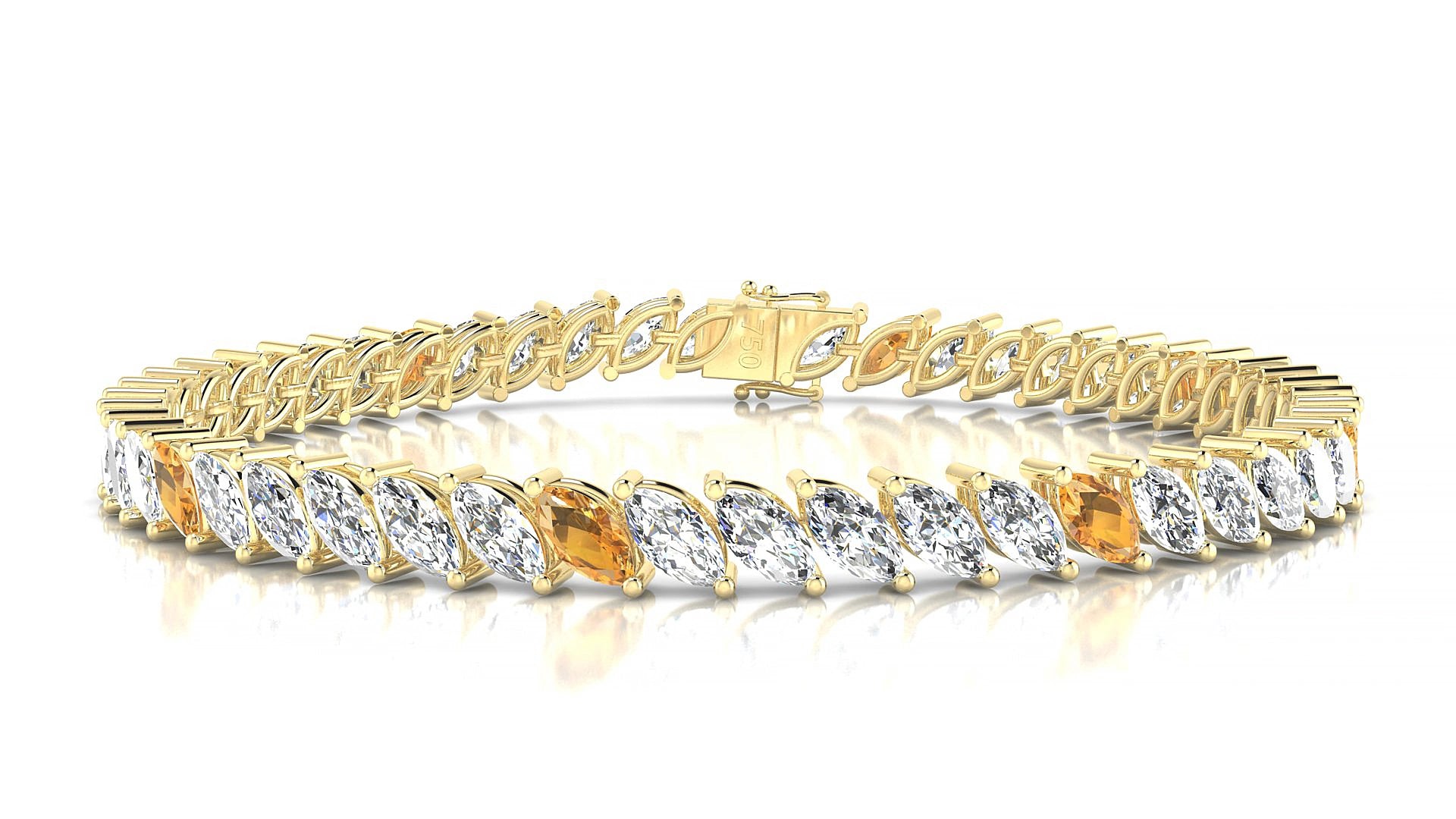 Venezia 1-5 | 18k Yellow Gold 6 x 3 mm Marquise Natural Citrine & Diamond 15 cm Tennis Bracelet