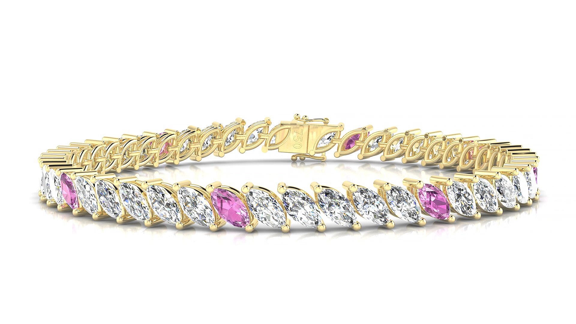 Venezia 1-5 | 18k Yellow Gold 6 x 3 mm Marquise Natural Pink Sapphire & Diamond 15 cm Tennis Bracelet