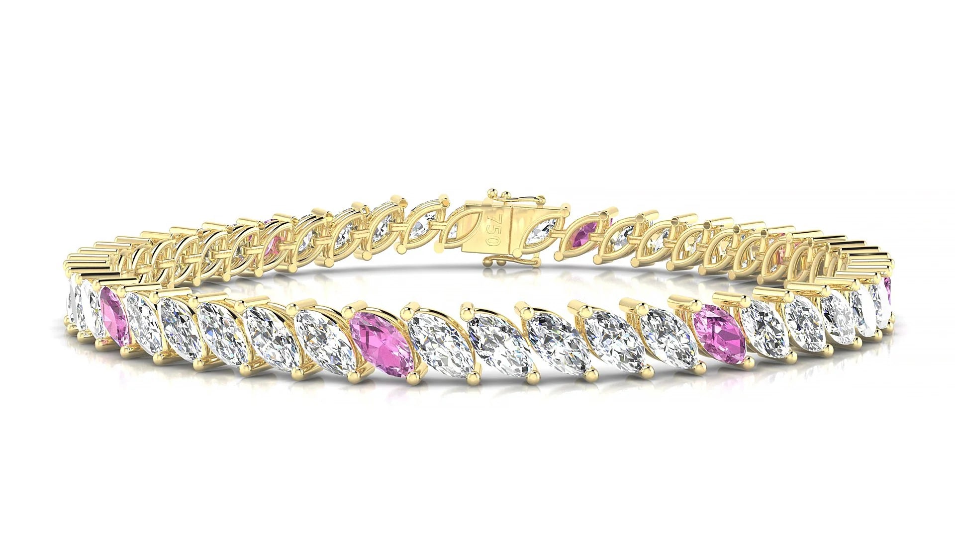 Venezia 1-5 | 18k Yellow Gold 6 x 3 mm Marquise Natural Pink Sapphire & Diamond 18 cm Tennis Bracelet