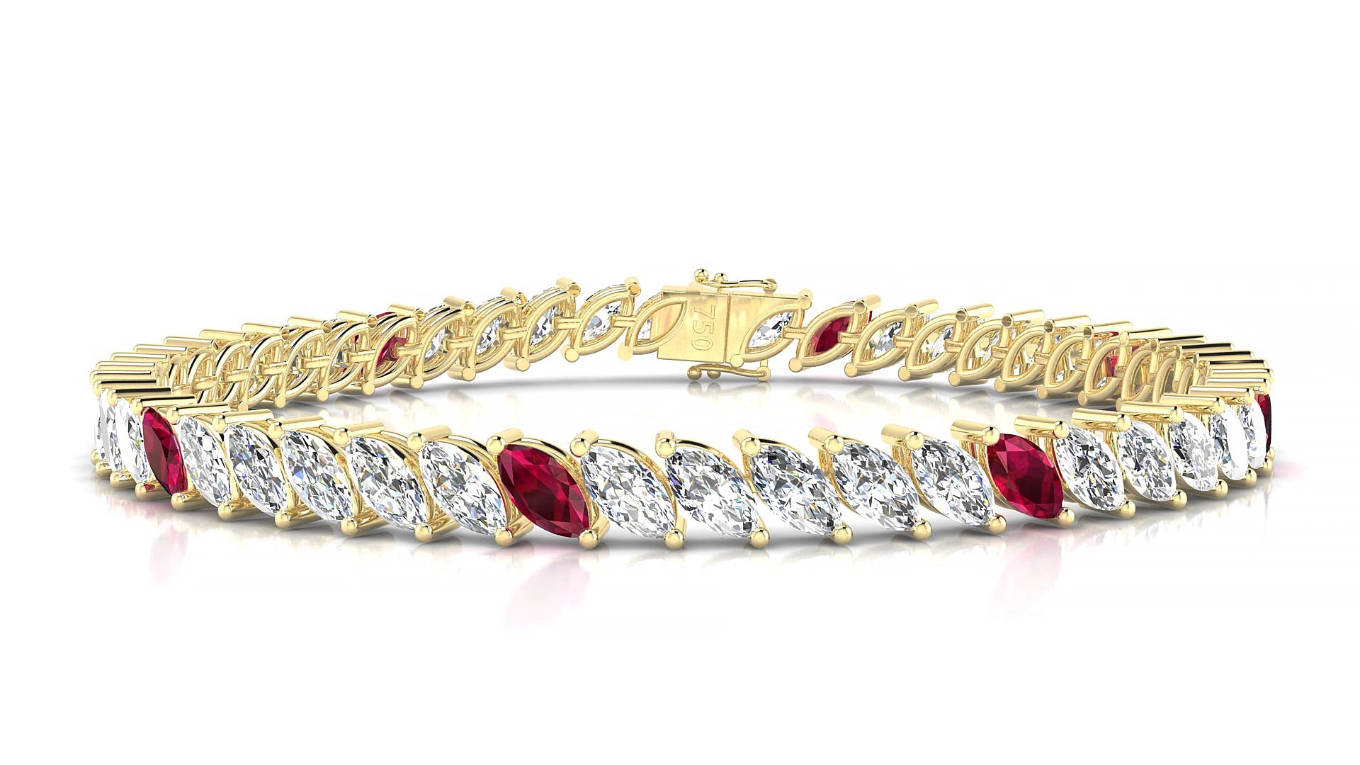 Venezia 1-5 | 18k Yellow Gold 6 x 3 mm Marquise Natural Ruby & Diamond 15 cm Tennis Bracelet