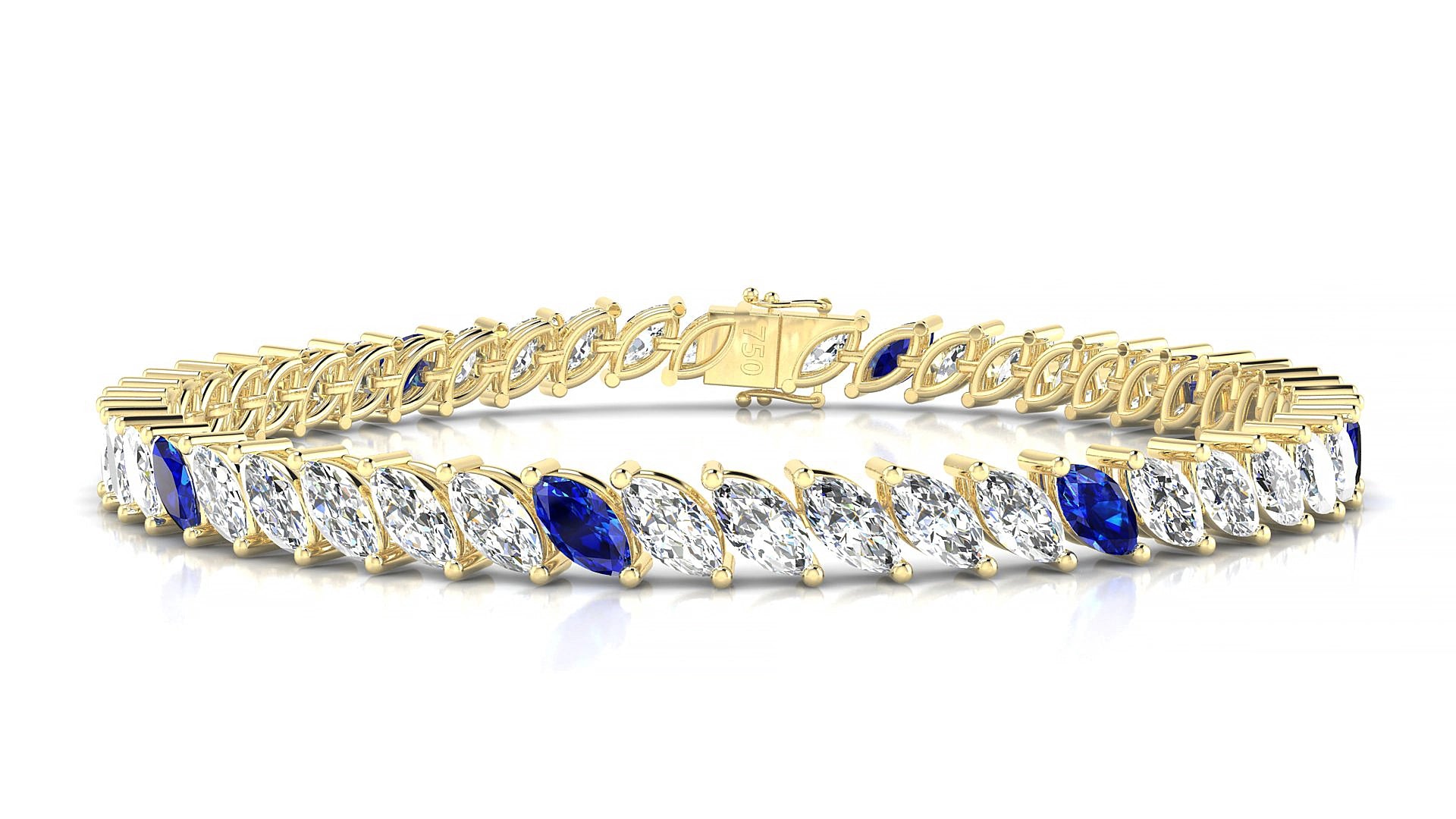 Venezia 1-5 | 18k Yellow Gold 6 x 3 mm Marquise Natural Sapphire & Diamond 17 cm Tennis Bracelet