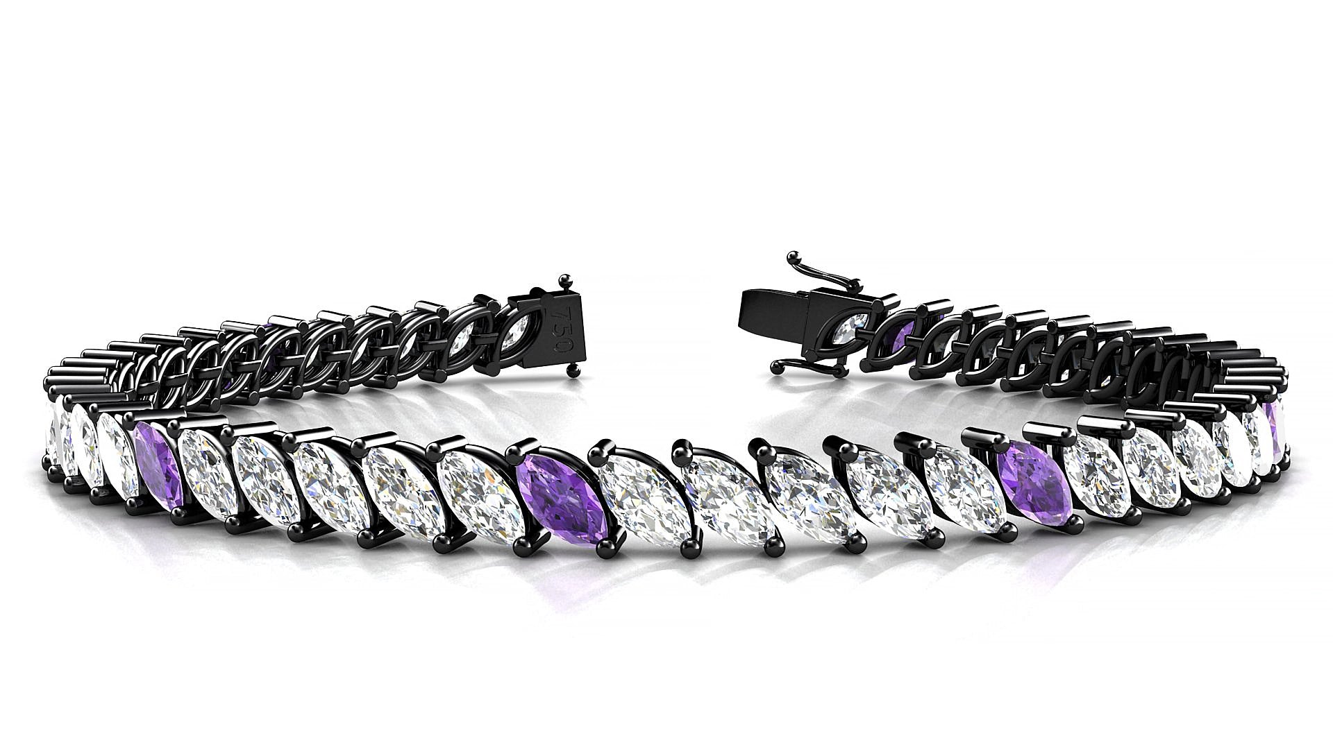 Venezia 1-5 | 18k Black Gold 6 x 3 mm Marquise Natural Amethyst & Diamond 19 cm Tennis Bracelet