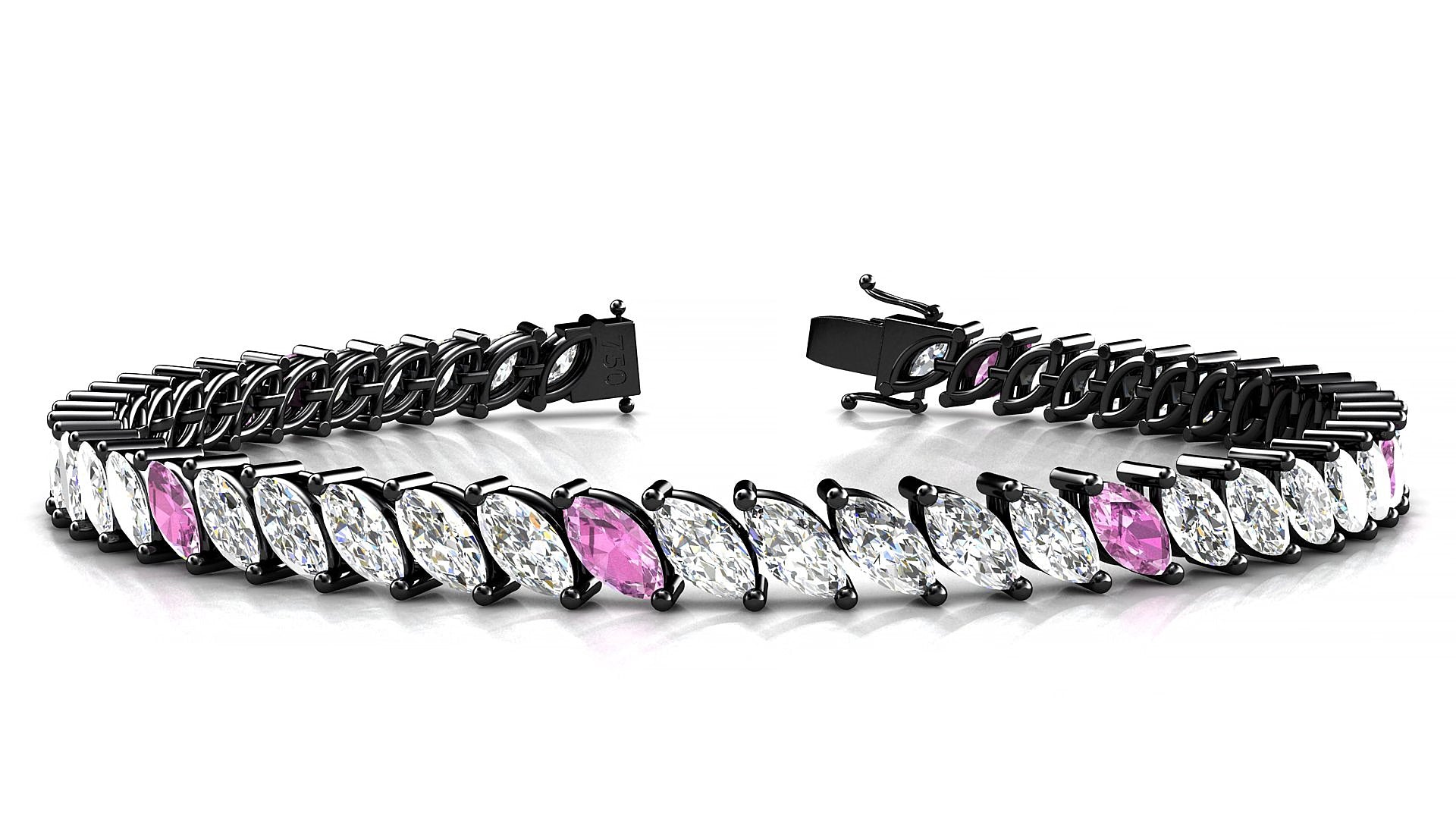 Venezia 1-5 | 18k Black Gold 6 x 3 mm Marquise Natural Pink Sapphire & Diamond 18 cm Tennis Bracelet