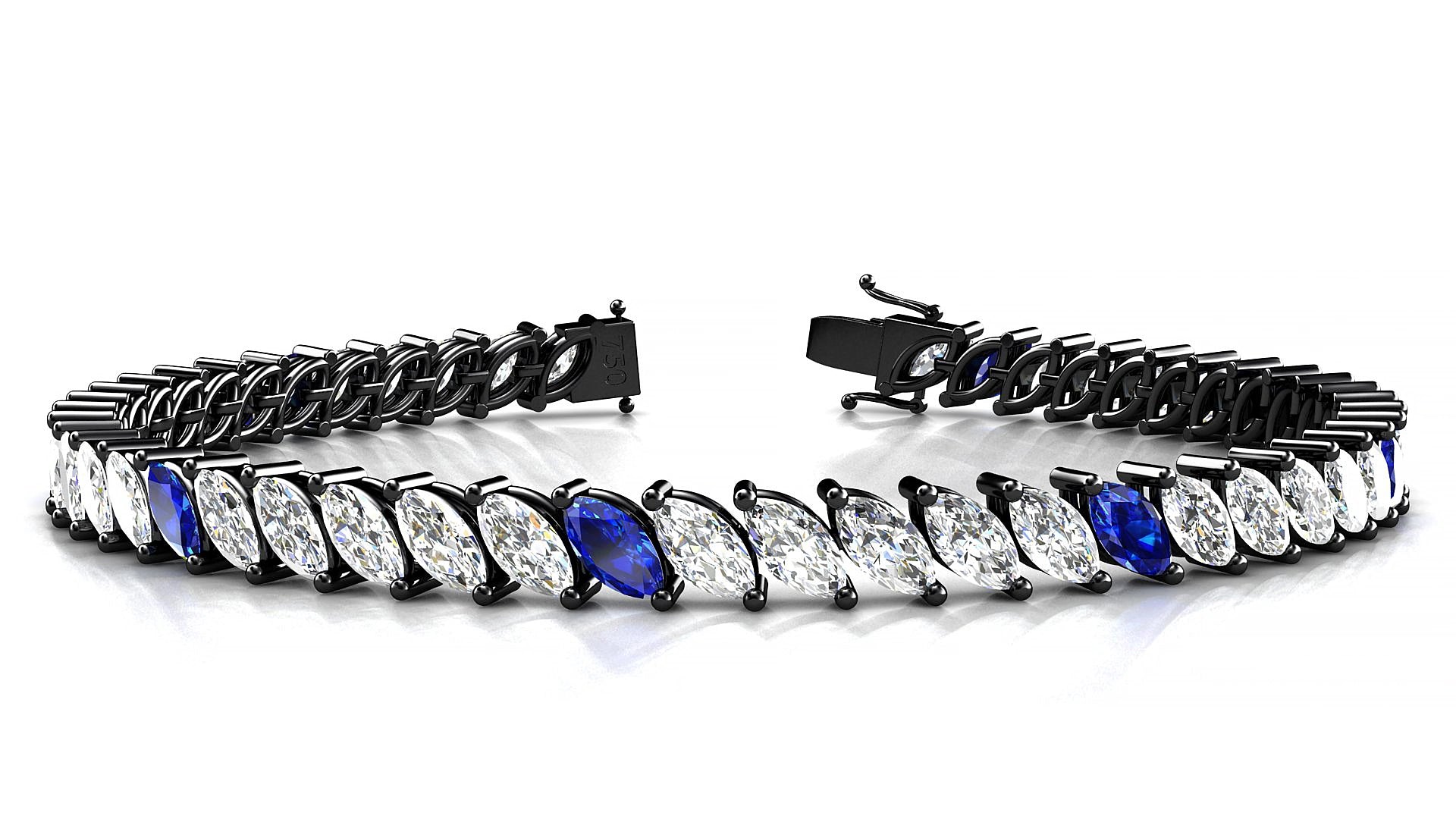 Venezia 1-5 | 18k Black Gold 6 x 3 mm Marquise Natural Sapphire & Diamond 19 cm Tennis Bracelet
