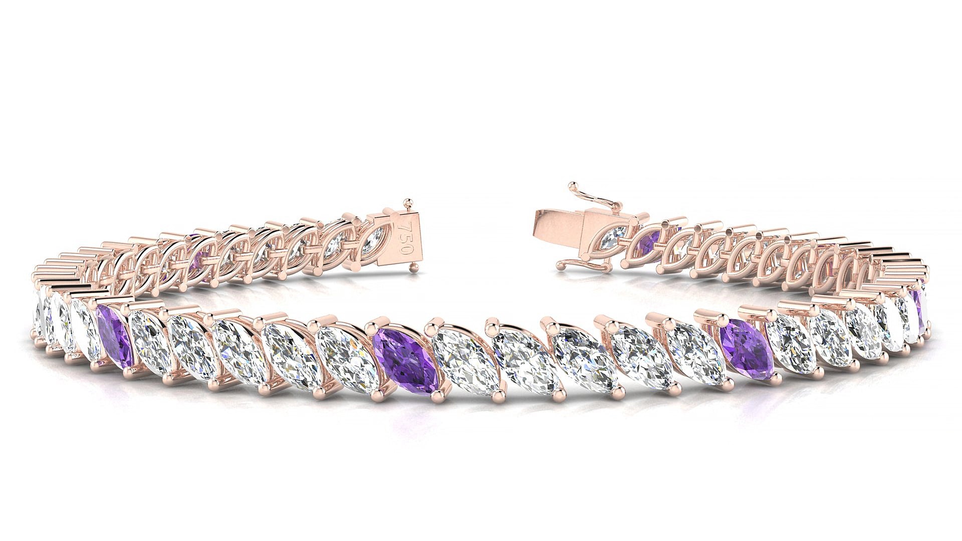 Venezia 1-5 | 18k Rose Gold 6 x 3 mm Marquise Natural Amethyst & Diamond 18 cm Tennis Bracelet