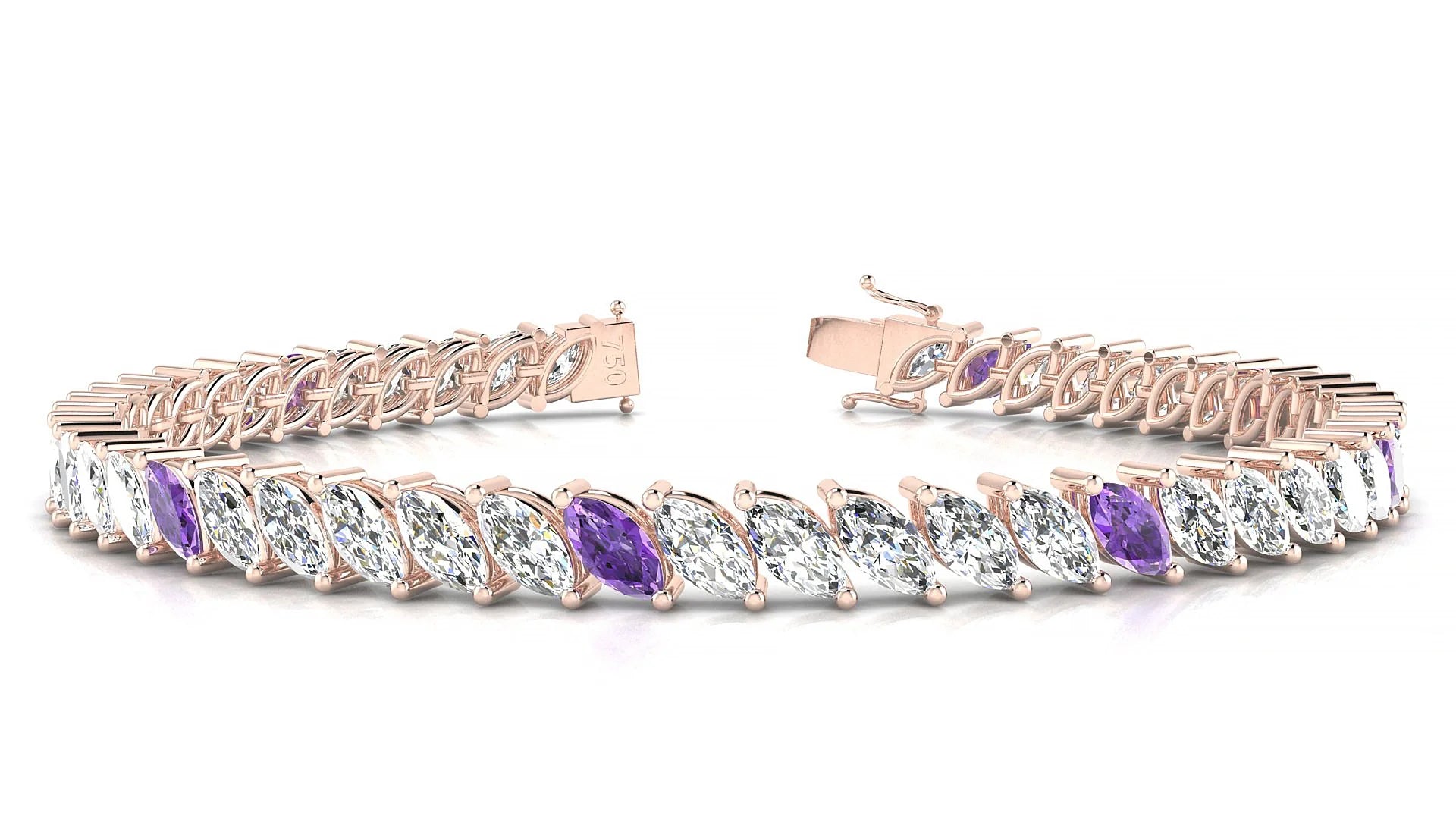 Venezia 1-5 | 18k Rose Gold 6 x 3 mm Marquise Natural Amethyst & Diamond Tennis Bracelet