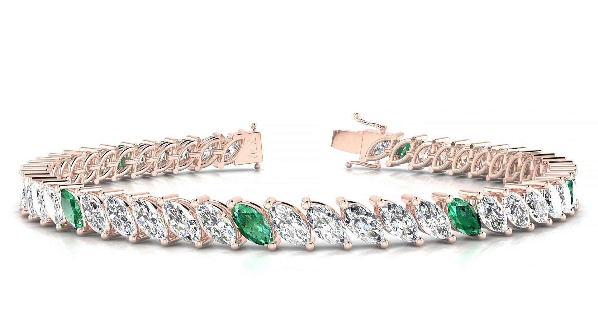 Venezia 1-5 | 18k Rose Gold 6 x 3 mm Marquise Natural Emerald & Diamond 15 cm Tennis Bracelet