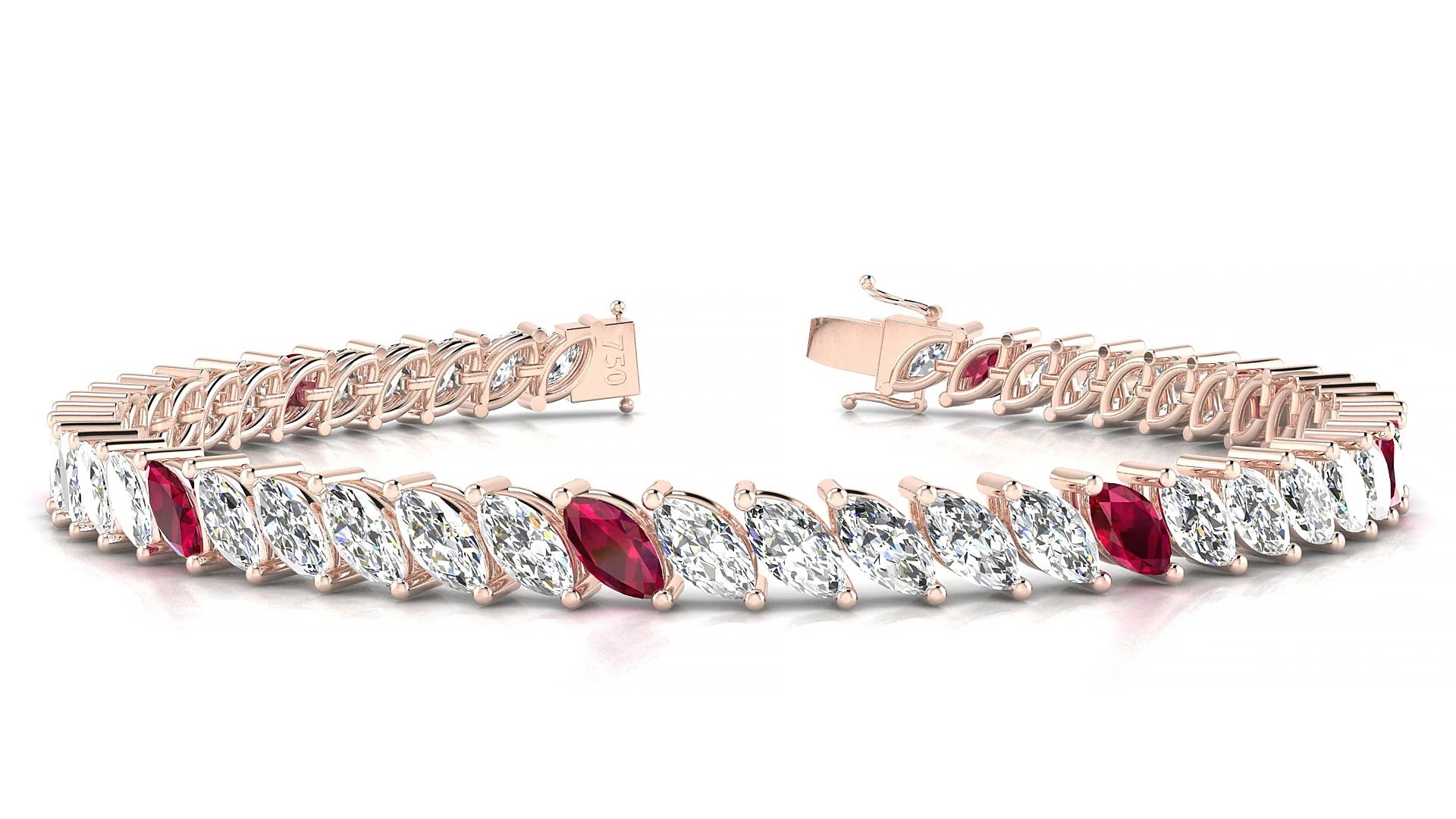 Venezia 1-5 | 18k Rose Gold 6 x 3 mm Marquise Natural Ruby & Diamond 18 cm Tennis Bracelet