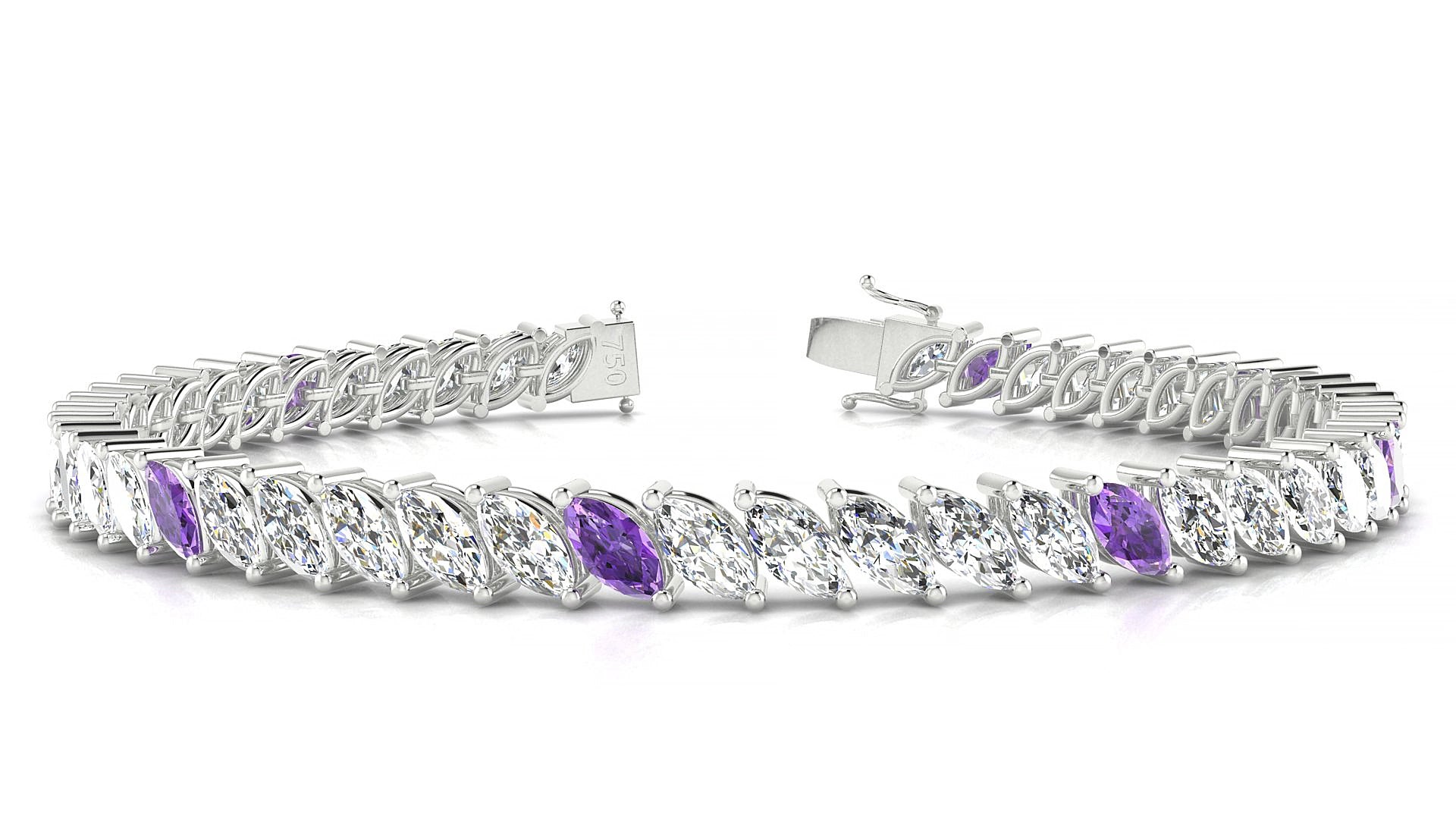 Venezia 1-5 | 18k White Gold 6 x 3 mm Marquise Natural Amethyst & Diamond 19 cm Tennis Bracelet