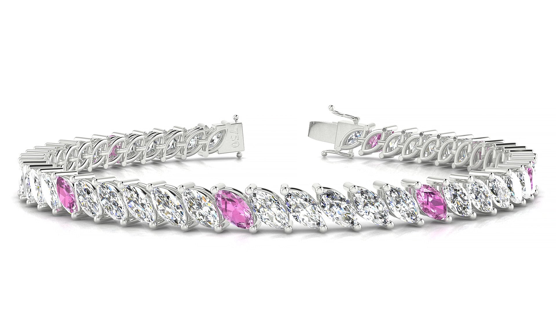 Venezia 1-5 | 18k White Gold 6 x 3 mm Marquise Natural Pink Sapphire & Diamond 19 cm Tennis Bracelet