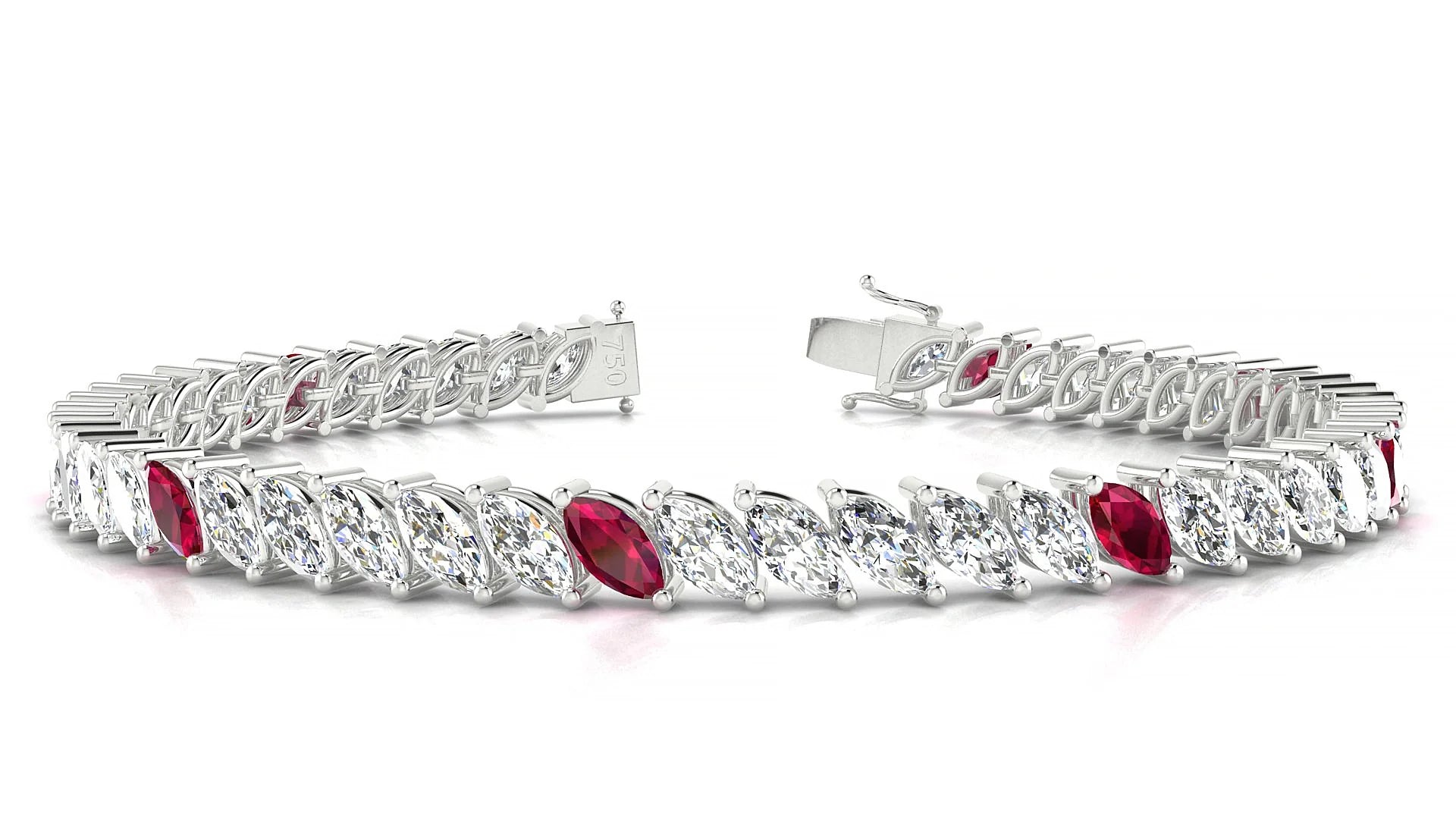 Venezia 1-5 | 18k White Gold 6 x 3 mm Marquise Natural Ruby & Diamond 18 cm Tennis Bracelet