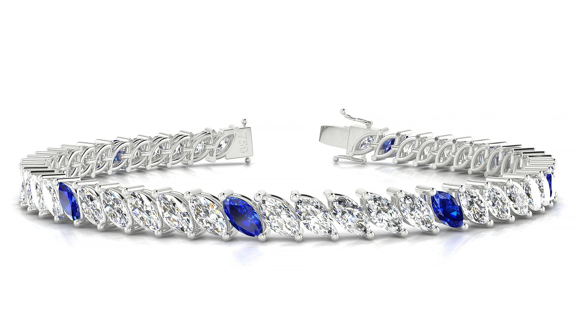 Venezia 1-5 | 18k White Gold 6 x 3 mm Marquise Natural Sapphire & Diamond 18 cm Tennis Bracelet