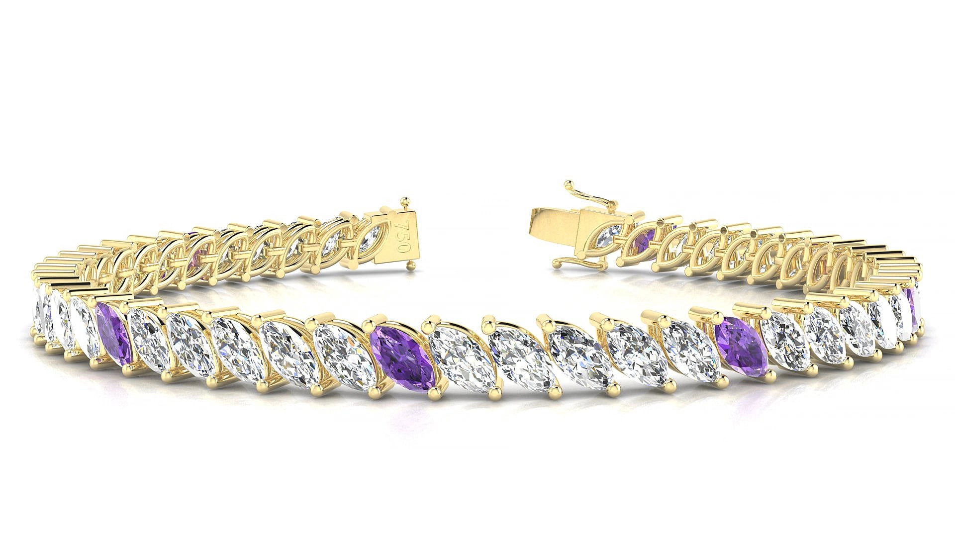 Venezia 1-5 | 18k Yellow Gold 6 x 3 mm Marquise Natural Amethyst & Diamond 15 cm Tennis Bracelet