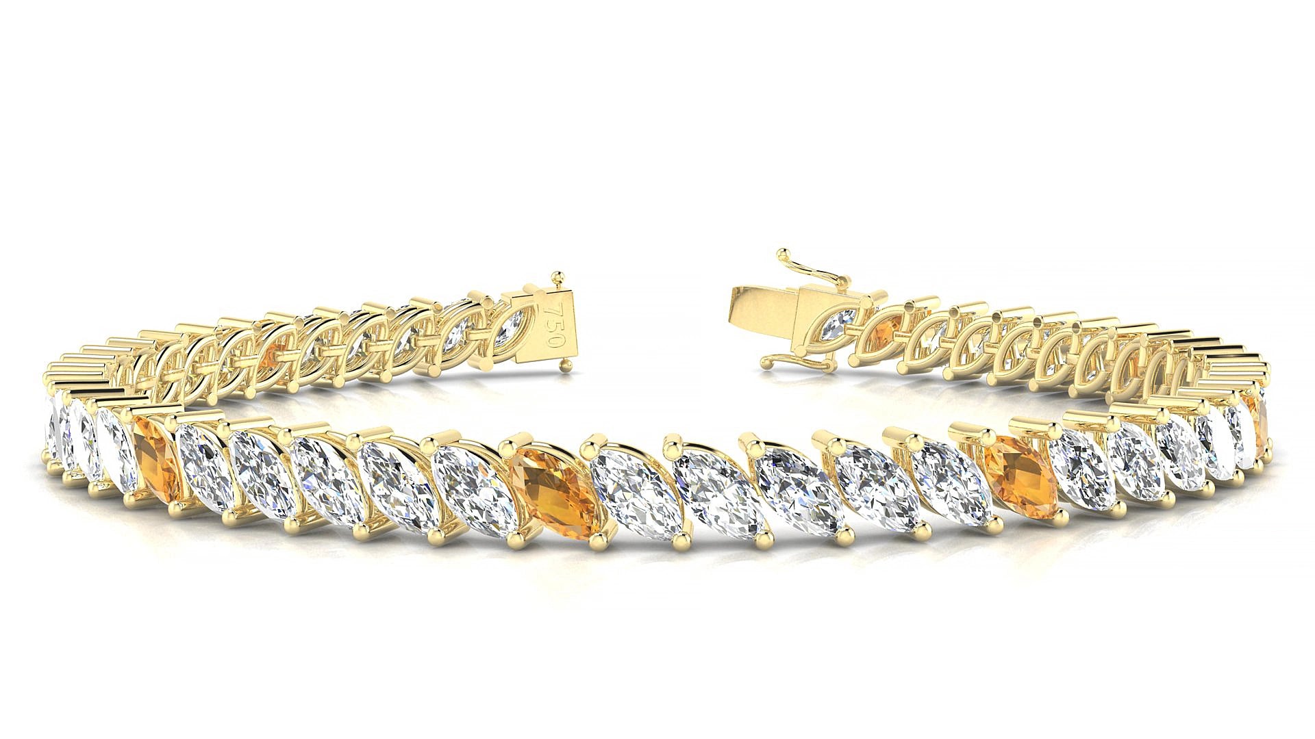 Venezia 1-5 | 18k Yellow Gold 6 x 3 mm Marquise Natural Citrine & Diamond 18 cm Tennis Bracelet