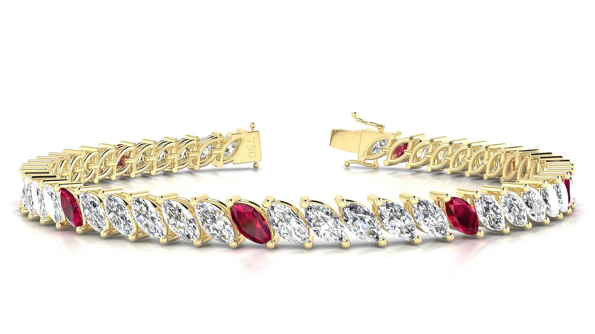 Venezia 1-5 | 18k Yellow Gold 6 x 3 mm Marquise Natural Ruby & Diamond 18 cm Tennis Bracelet