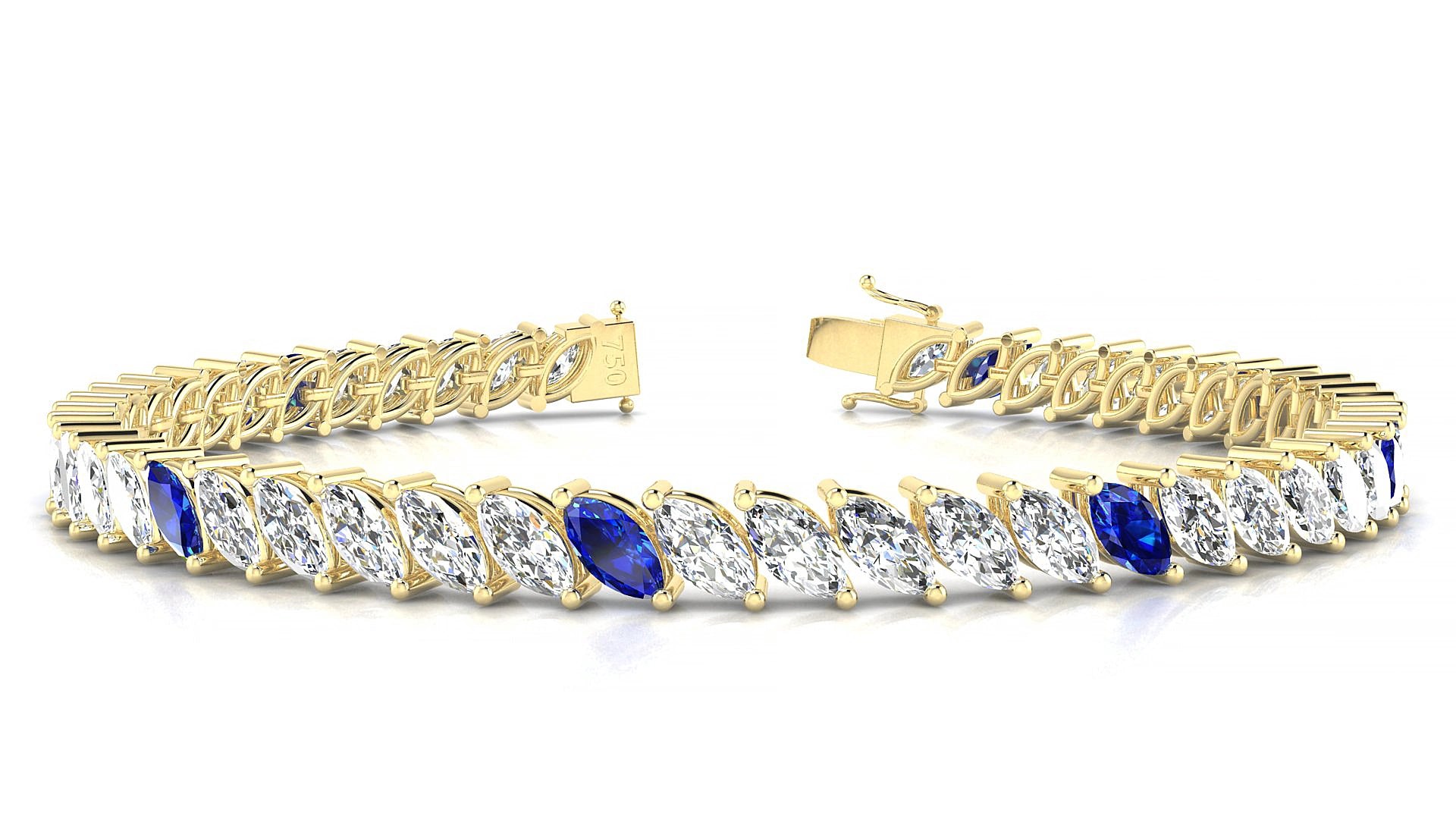 Venezia 1-5 | 18k Yellow Gold 6 x 3 mm Marquise Natural Sapphire & Diamond 17 cm Tennis Bracelet