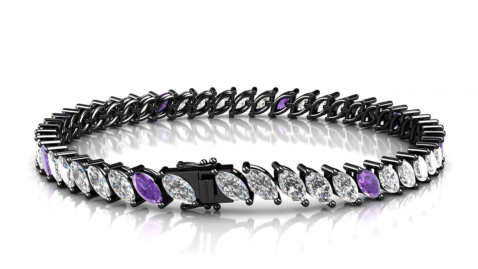 Venezia 1-5 | 18k Black Gold 6 x 3 mm Marquise Natural Amethyst & Diamond 15 cm Tennis Bracelet