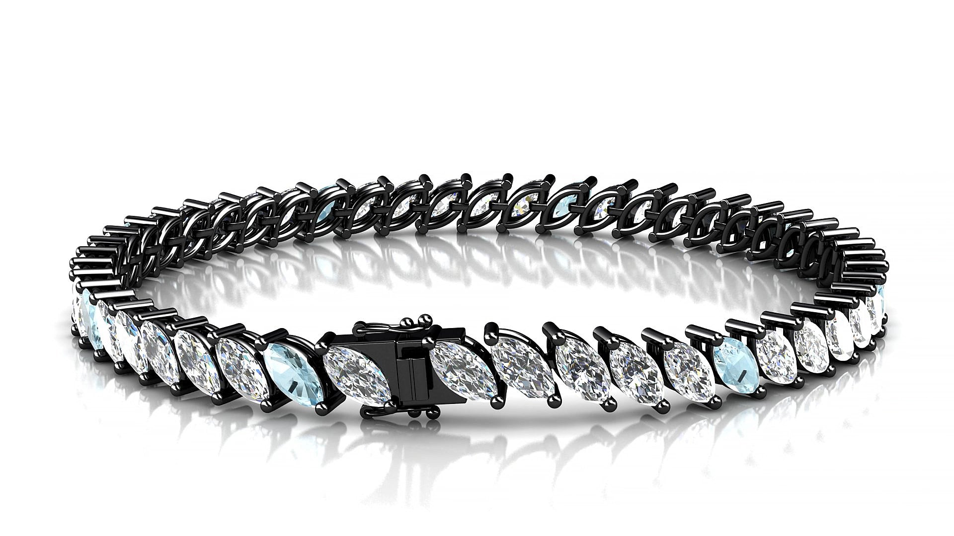 Venezia 1-5 | 18k Black Gold 6 x 3 mm Marquise Natural Aquamarine & Diamond 15 cm Tennis Bracelet