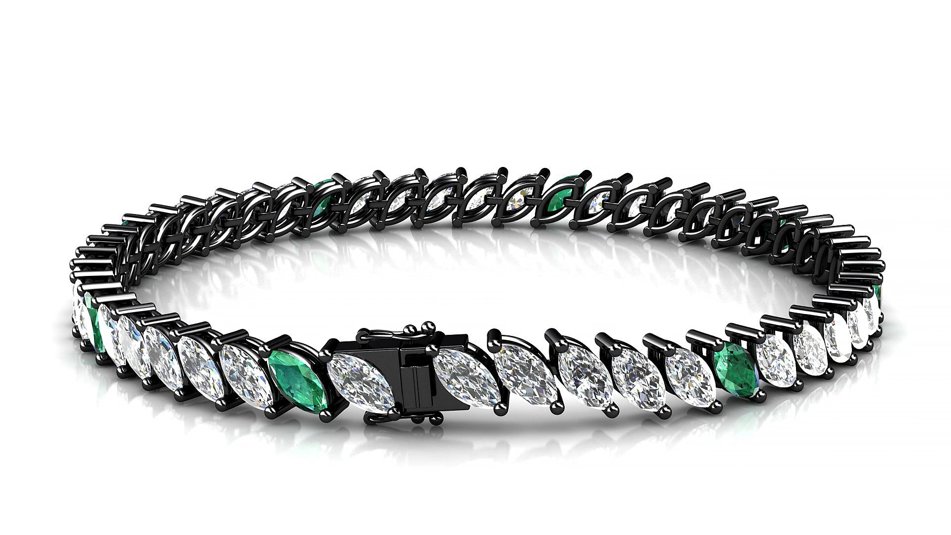 Venezia 1-5 | 18k Black Gold 6 x 3 mm Marquise Natural Emerald & Diamond 18 cm Tennis Bracelet