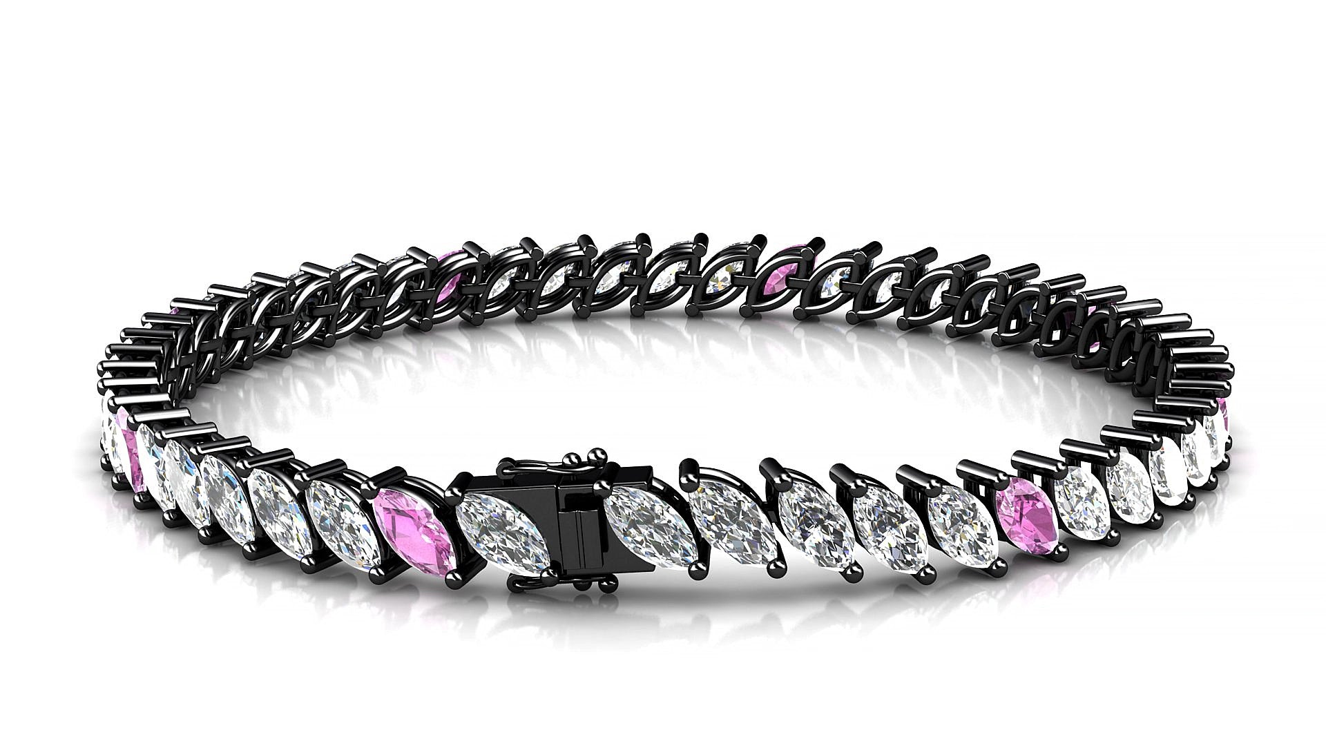 Venezia 1-5 | 18k Black Gold 6 x 3 mm Marquise Natural Pink Sapphire & Diamond 15 cm Tennis Bracelet