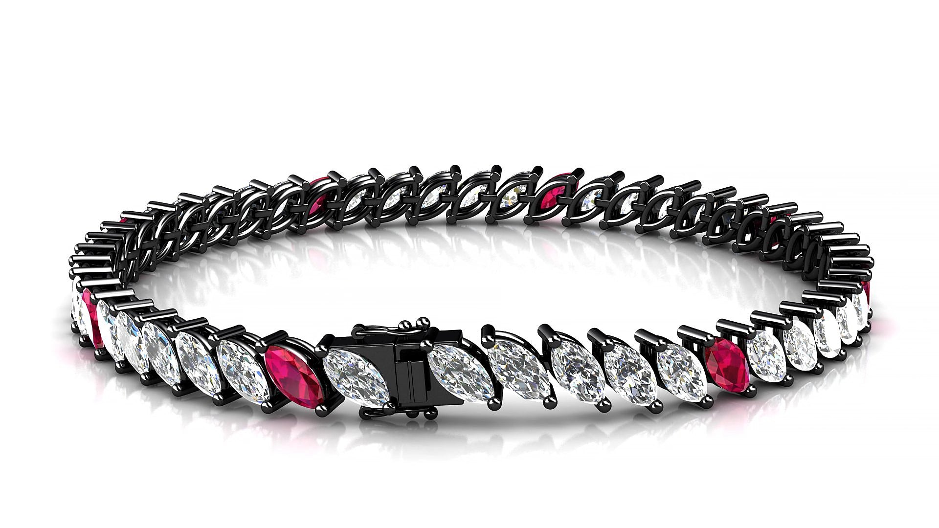 Venezia 1-5 | 18k Black Gold 6 x 3 mm Marquise Natural Ruby & Diamond 17 cm Tennis Bracelet