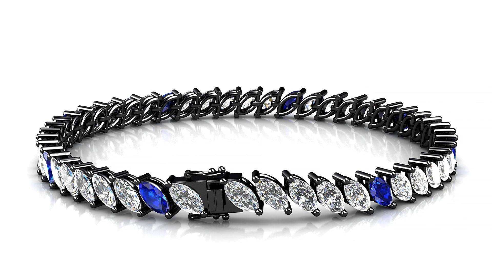 Venezia 1-5 | 18k Black Gold 6 x 3 mm Marquise Natural Sapphire & Diamond 18 cm Tennis Bracelet