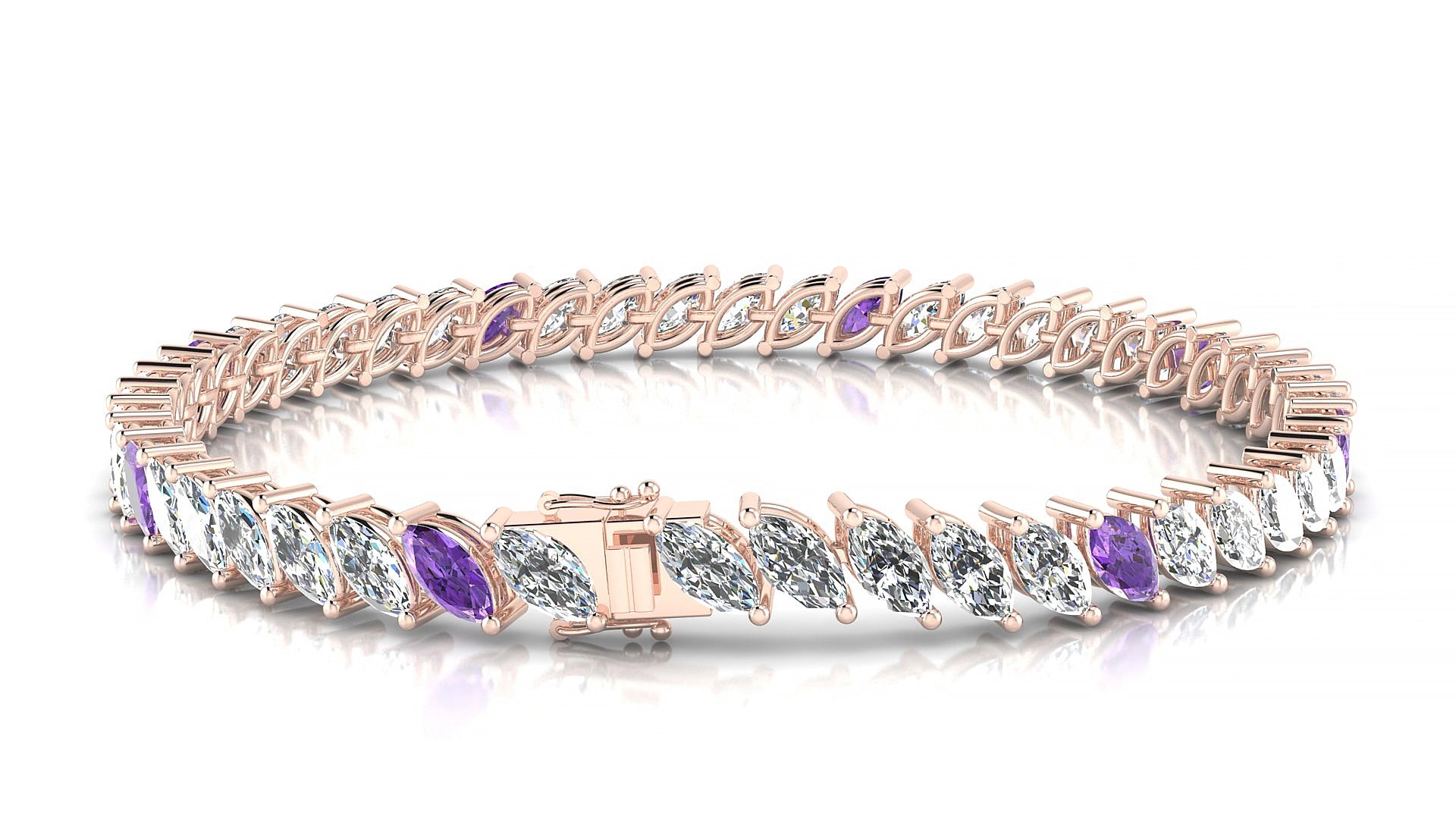Venezia 1-5 | 18k Rose Gold 6 x 3 mm Marquise Natural Amethyst & Diamond 18 cm Tennis Bracelet