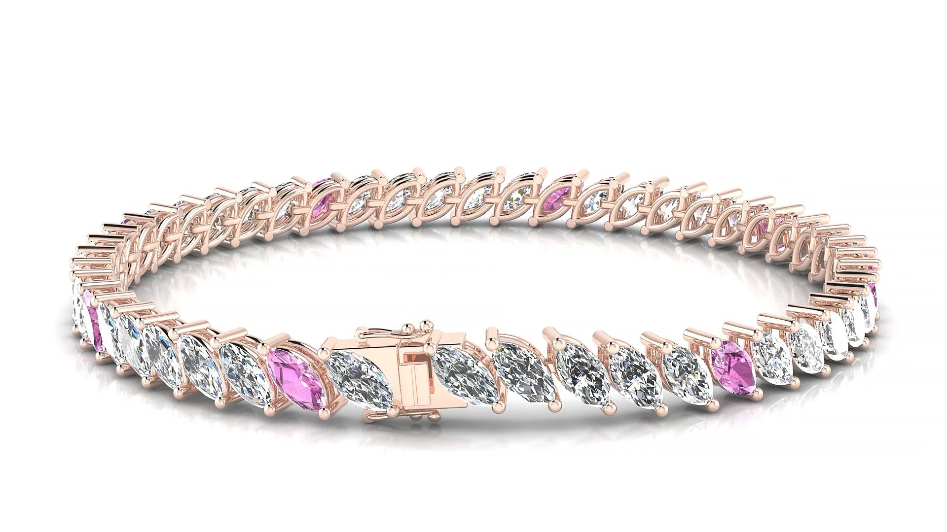Venezia 1-5 | 18k Rose Gold 6 x 3 mm Marquise Natural Pink Sapphire & Diamond 18 cm Tennis Bracelet