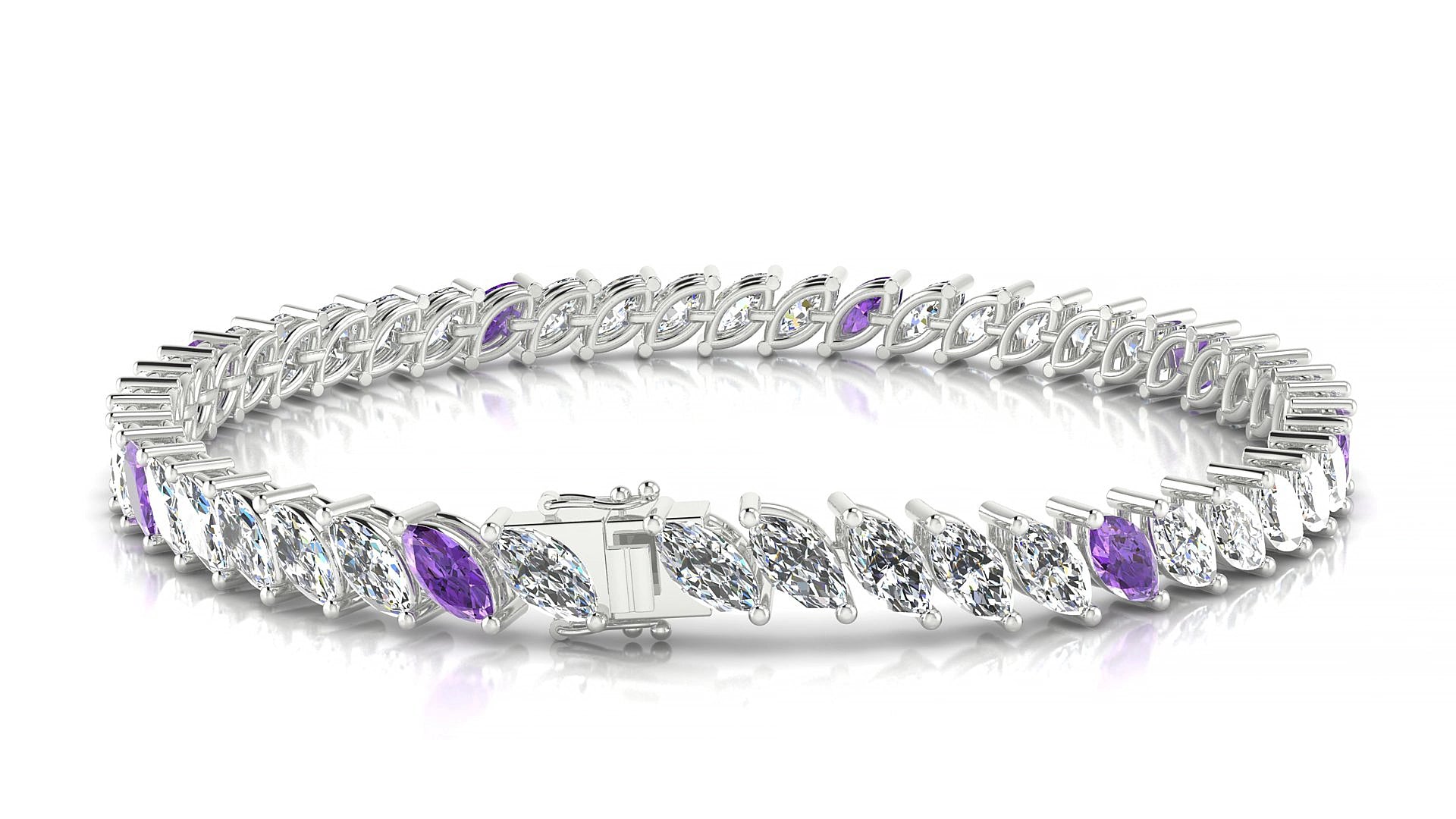 Venezia 1-5 | 18k White Gold 6 x 3 mm Marquise Natural Amethyst & Diamond 17 cm Tennis Bracelet