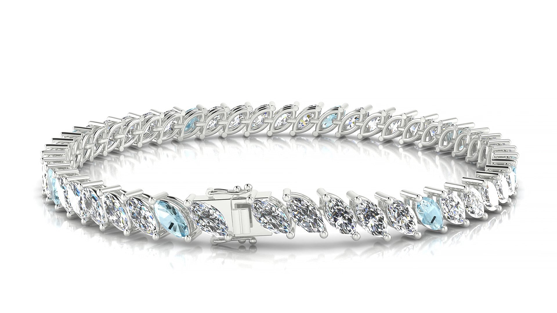 Venezia 1-5 | 18k White Gold 6 x 3 mm Marquise Natural Aquamarine & Diamond 18 cm Tennis Bracelet