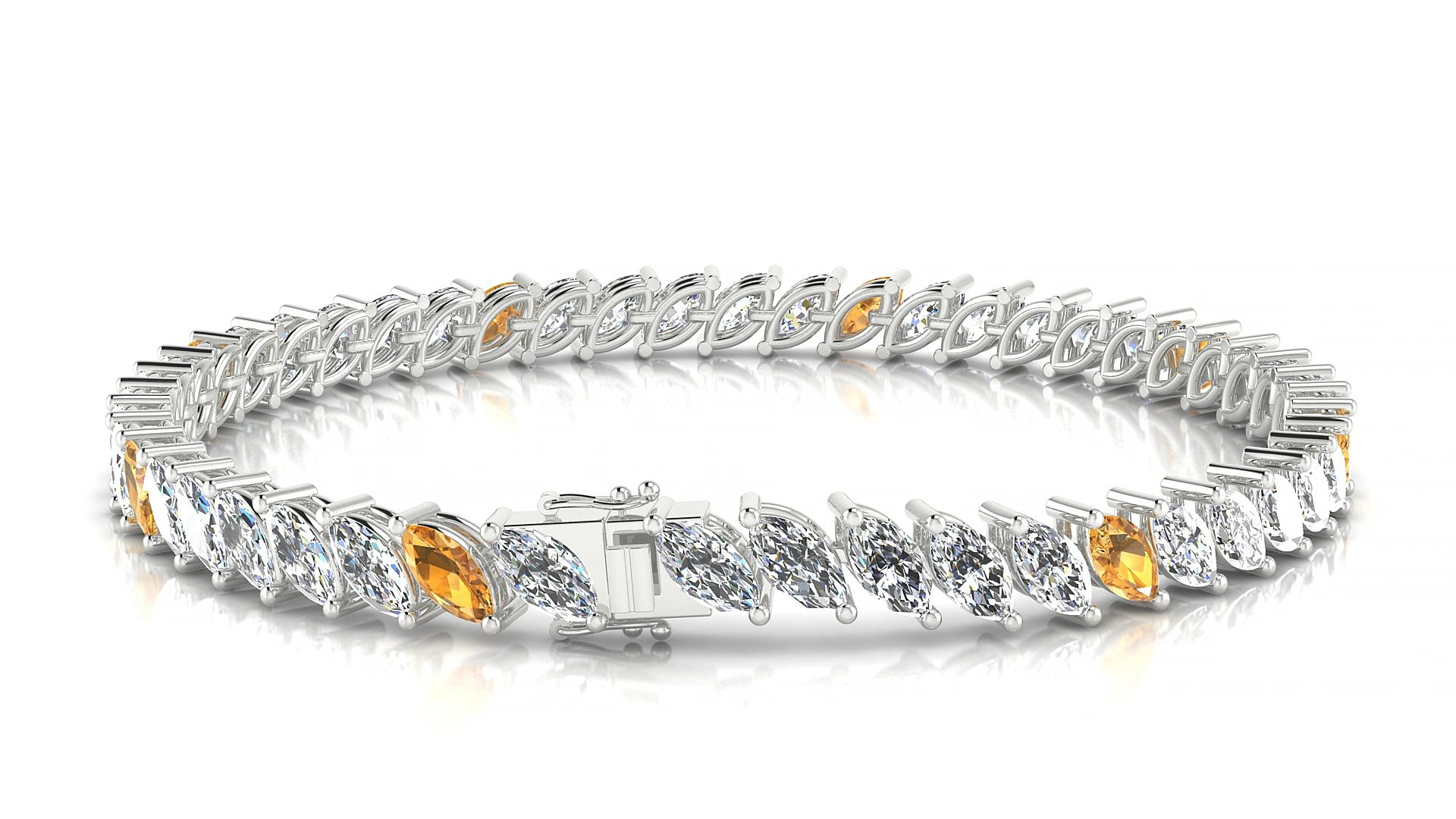 Venezia 1-5 | 18k White Gold 6 x 3 mm Marquise Natural Citrine & Diamond 16 cm Tennis Bracelet