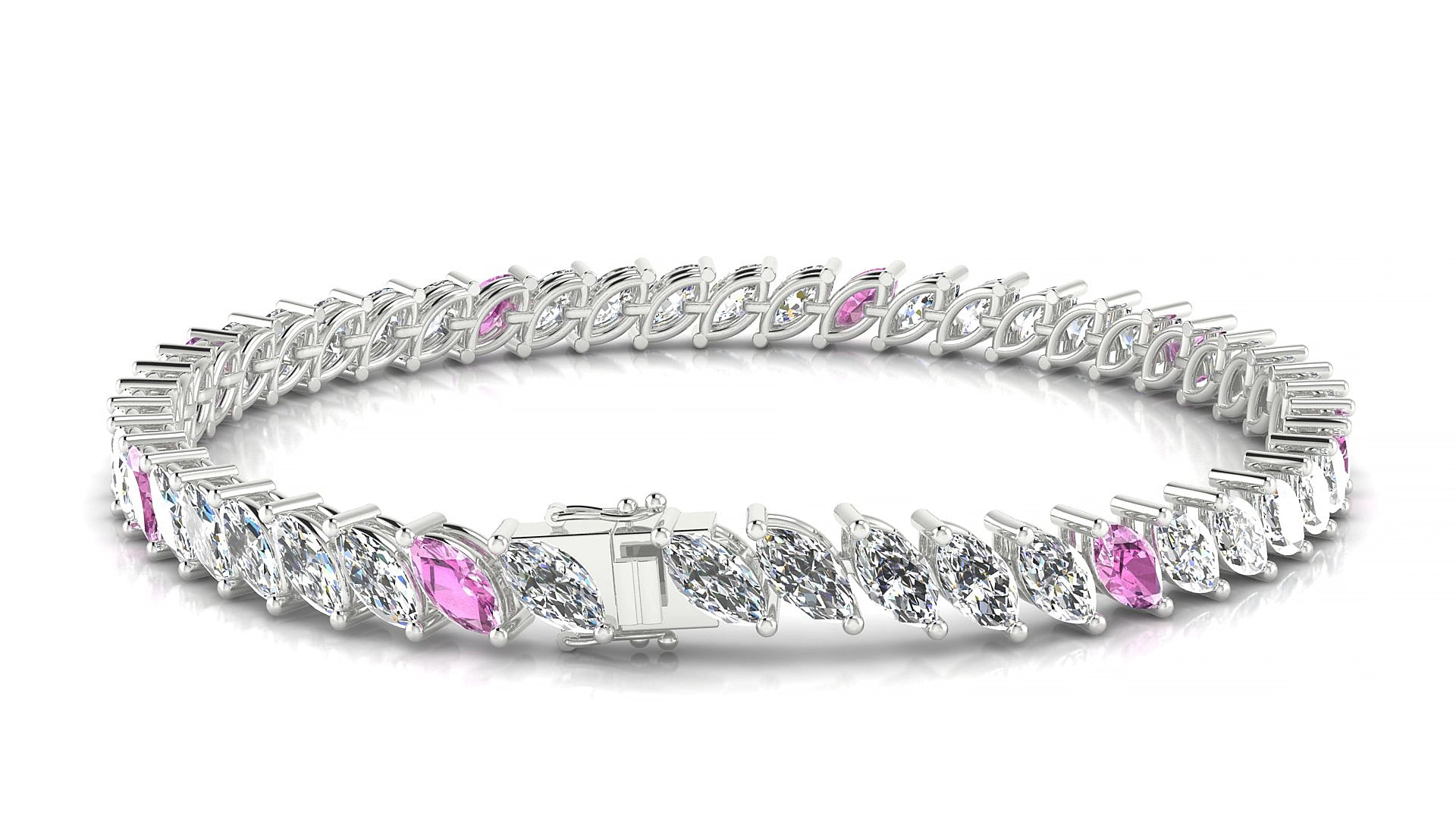 Venezia 1-5 | 18k White Gold 6 x 3 mm Marquise Natural Pink Sapphire & Diamond 15 cm Tennis Bracelet