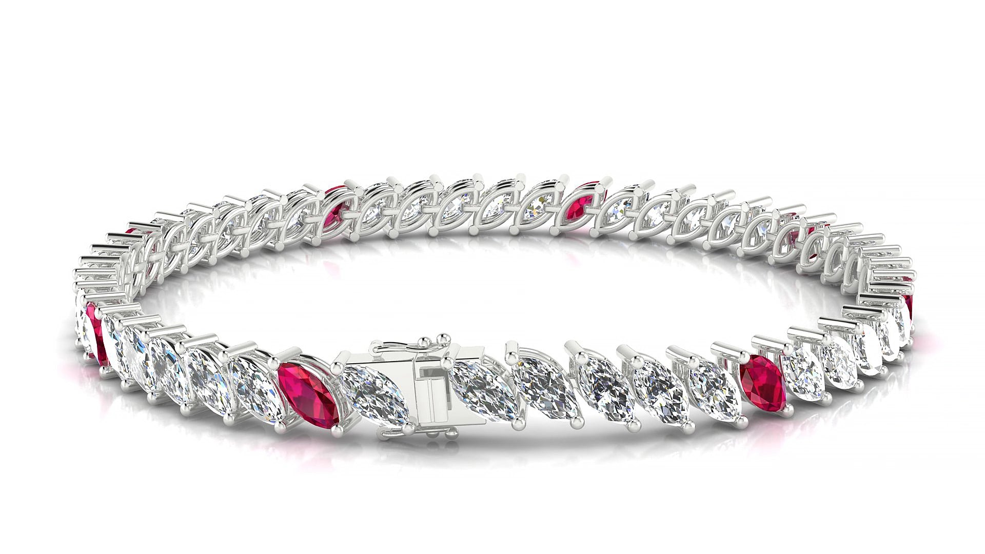 Venezia 1-5 | 18k White Gold 6 x 3 mm Marquise Natural Ruby & Diamond 15 cm Tennis Bracelet
