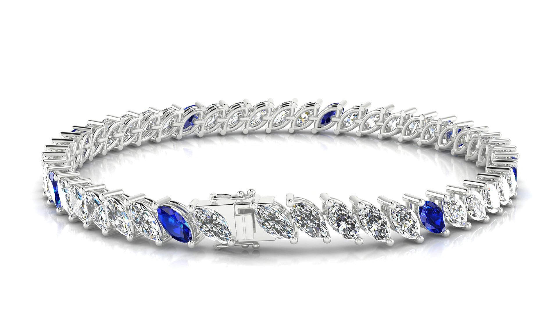 Venezia 1-5 | 18k White Gold 6 x 3 mm Marquise Natural Sapphire & Diamond 17 cm Tennis Bracelet