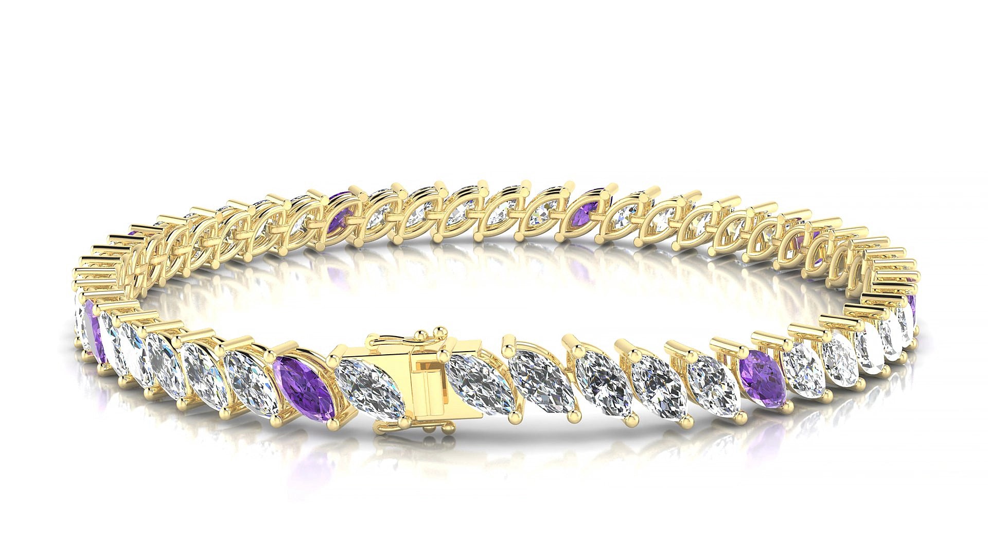 Venezia 1-5 | 18k Yellow Gold 6 x 3 mm Marquise Natural Amethyst & Diamond 15 cm Tennis Bracelet