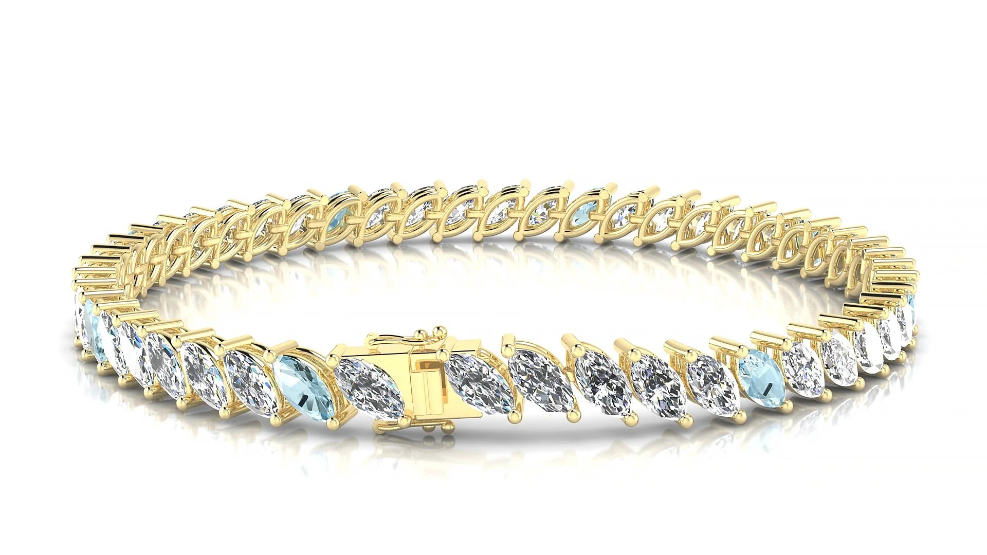 Venezia 1-5 | 18k Yellow Gold 6 x 3 mm Marquise Natural Aquamarine & Diamond Tennis Bracelet