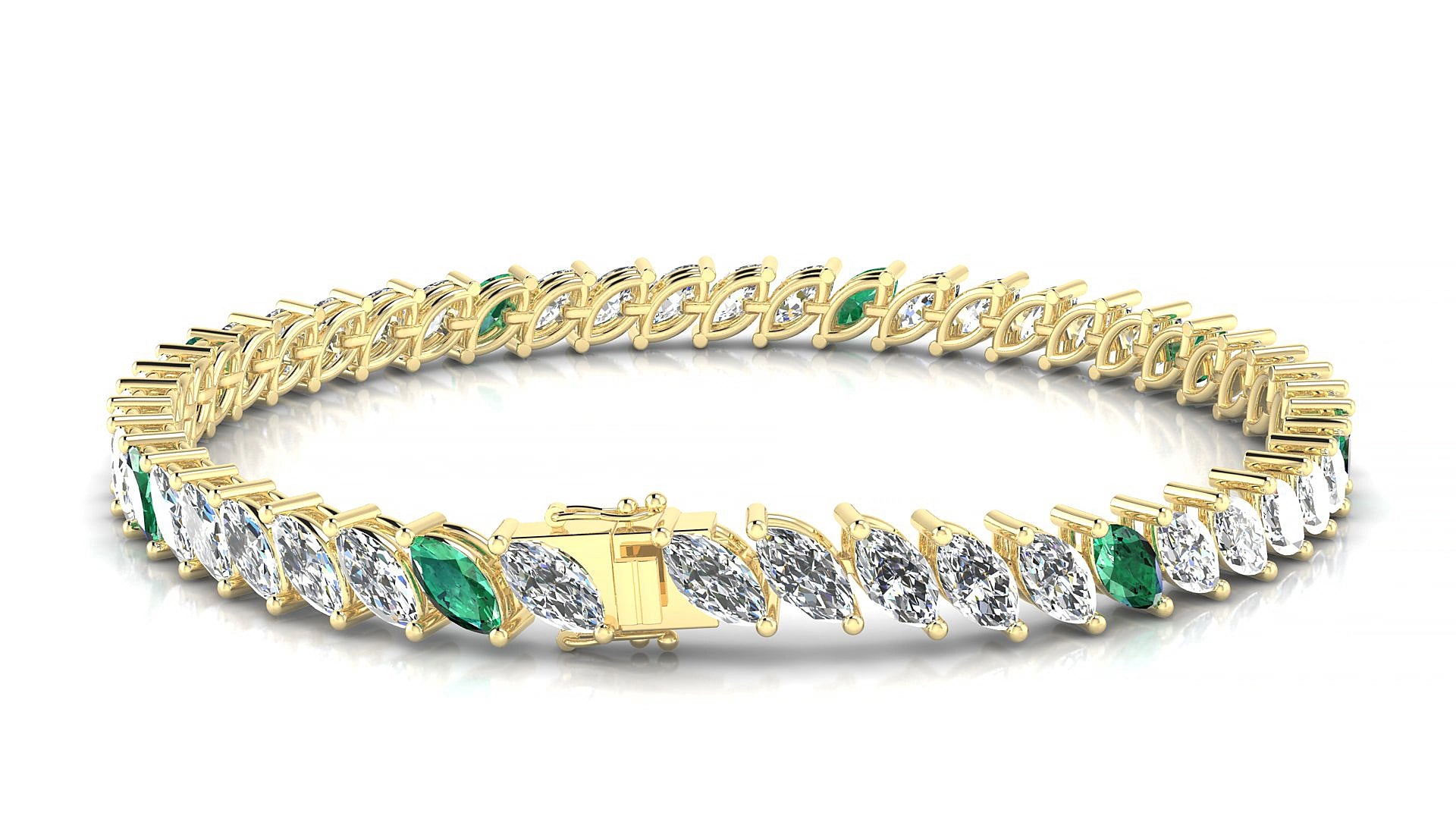 Venezia 1-5 | 18k Yellow Gold 6 x 3 mm Marquise Natural Emerald & Diamond 19 cm Tennis Bracelet