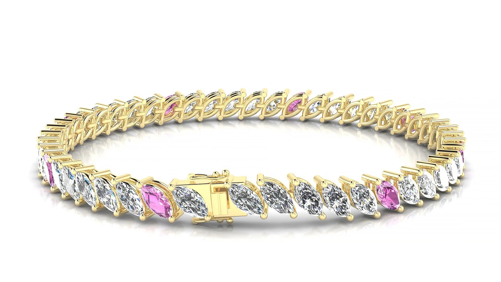 Venezia 1-5 | 18k Yellow Gold 6 x 3 mm Marquise Natural Pink Sapphire & Diamond 18 cm Tennis Bracelet