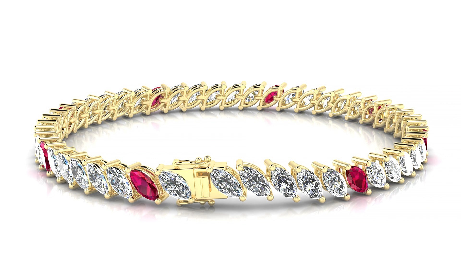 Venezia 1-5 | 18k Yellow Gold 6 x 3 mm Marquise Natural Ruby & Diamond 18 cm Tennis Bracelet