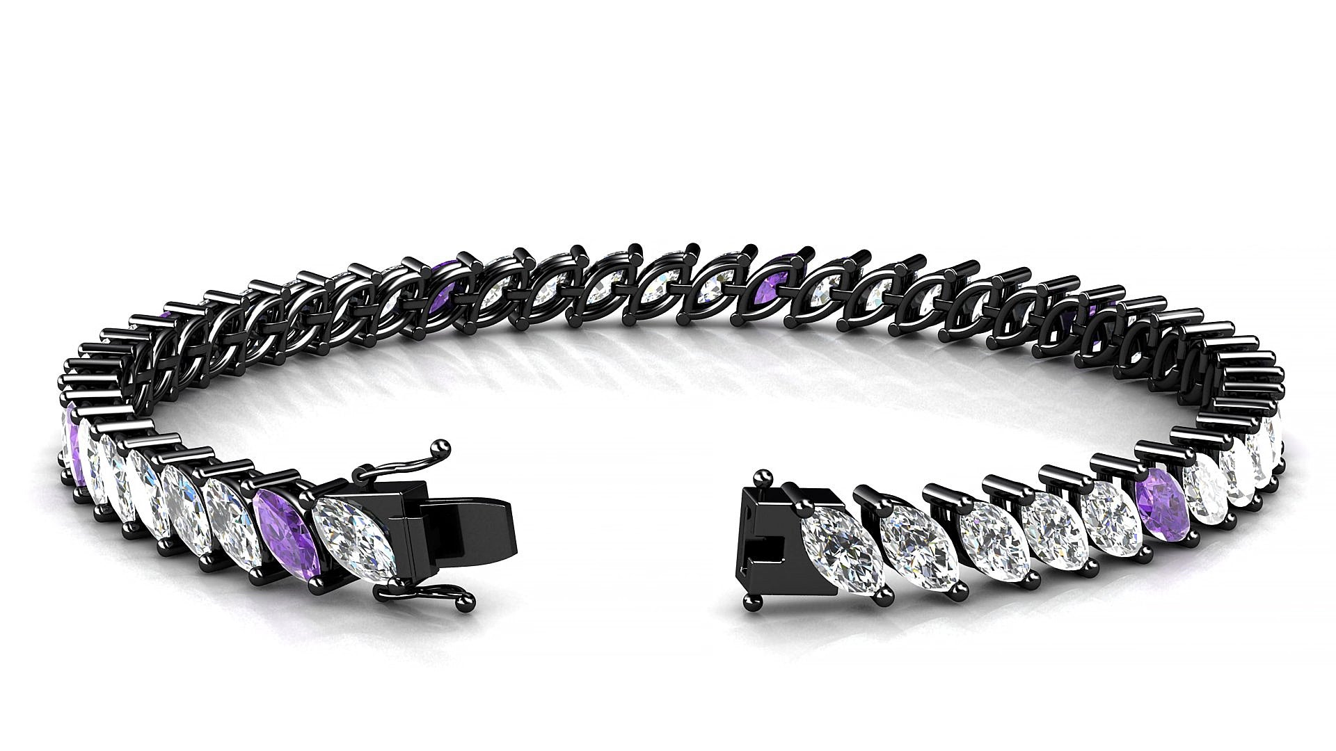 Venezia 1-5 | 18k Black Gold 6 x 3 mm Marquise Natural Amethyst & Diamond 20 cm Tennis Bracelet