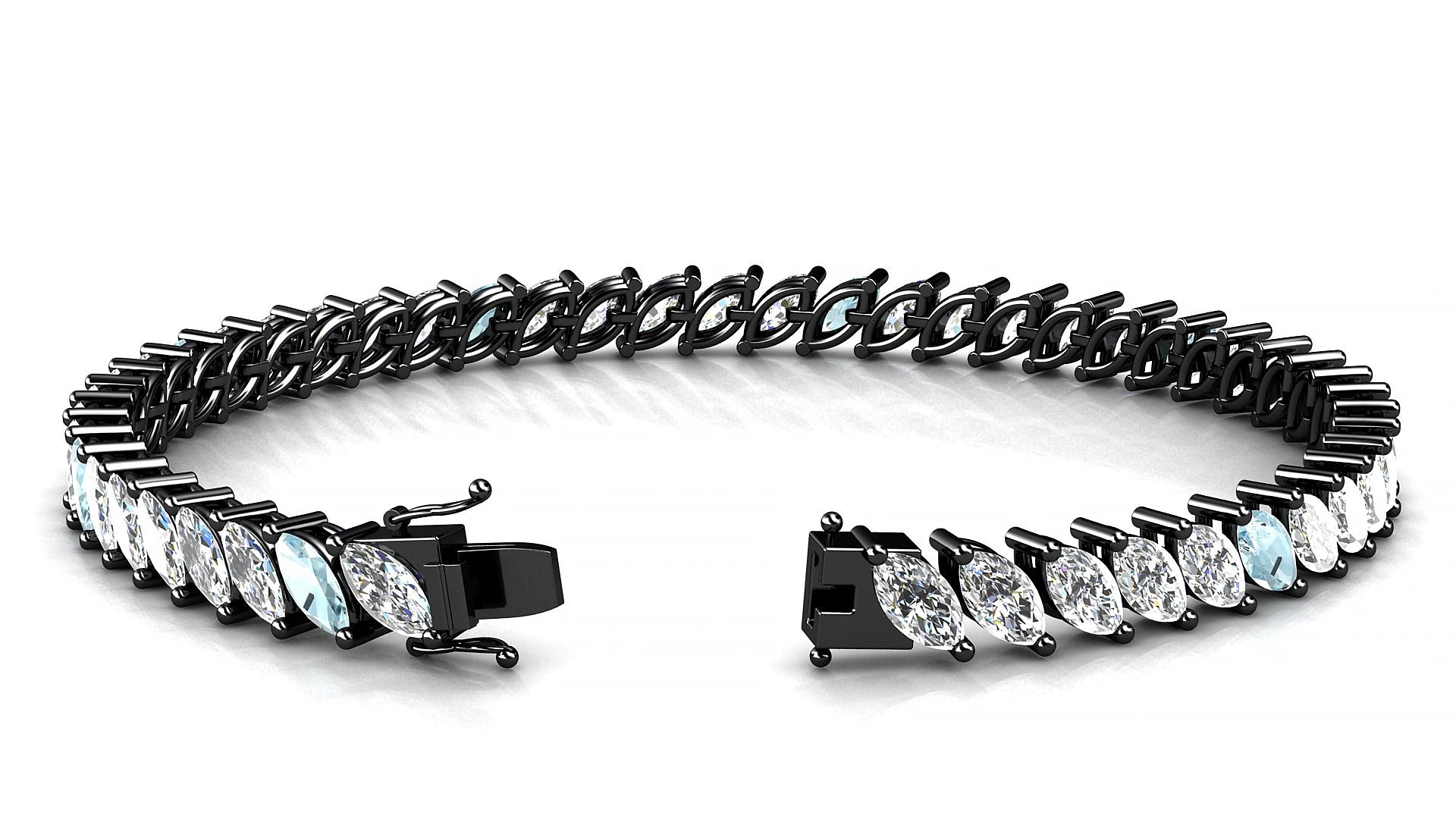 Venezia 1-5 | 18k Black Gold 6 x 3 mm Marquise Natural Aquamarine & Diamond 18 cm Tennis Bracelet