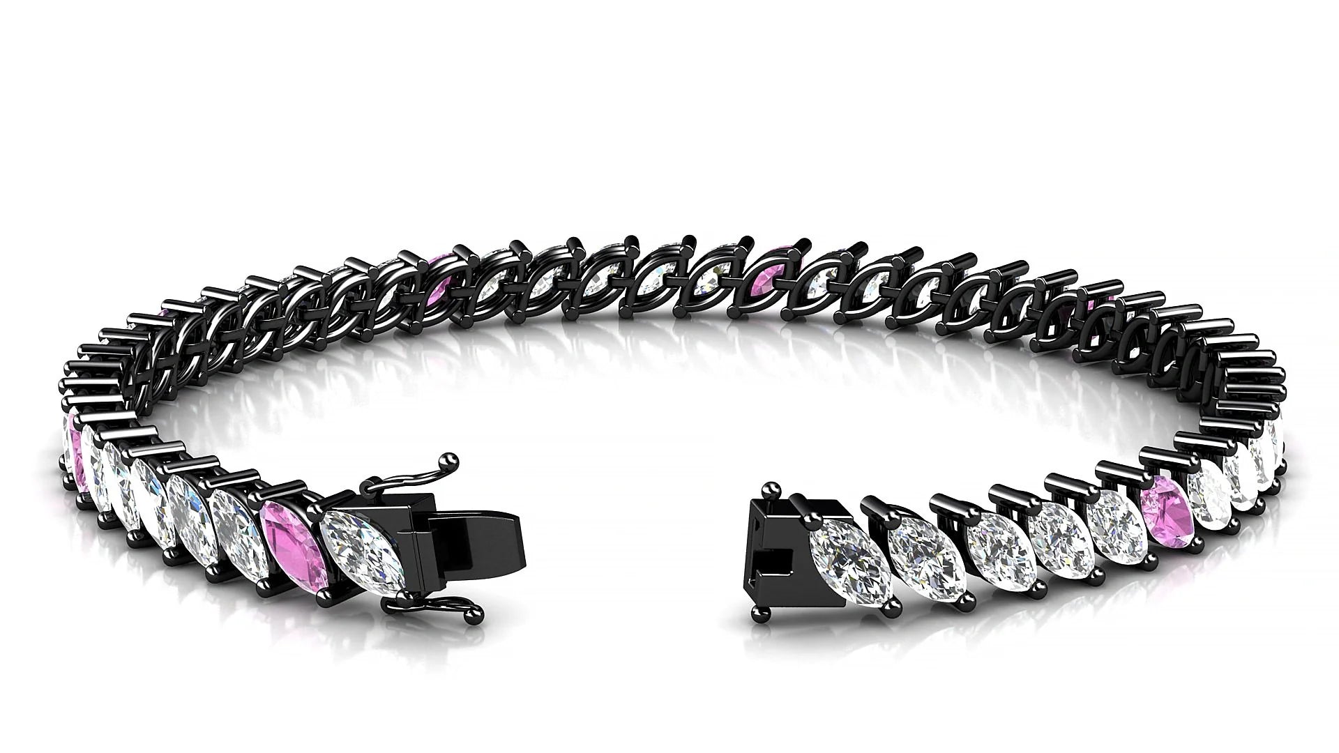 Venezia 1-5 | 18k Black Gold 6 x 3 mm Marquise Natural Pink Sapphire & Diamond 18 cm Tennis Bracelet